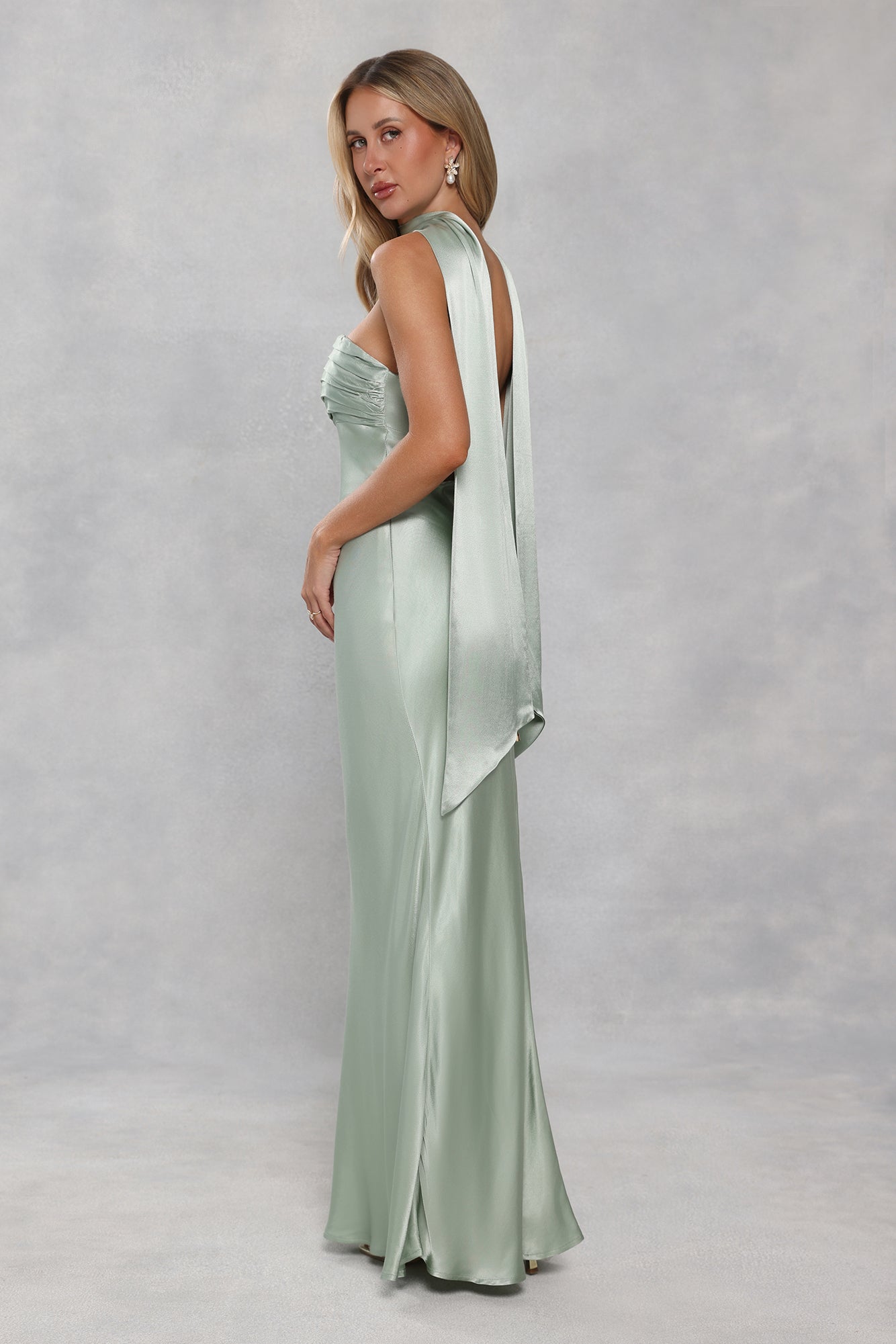 The Seraphina Strapless Satin Maxi Dress Sage Green