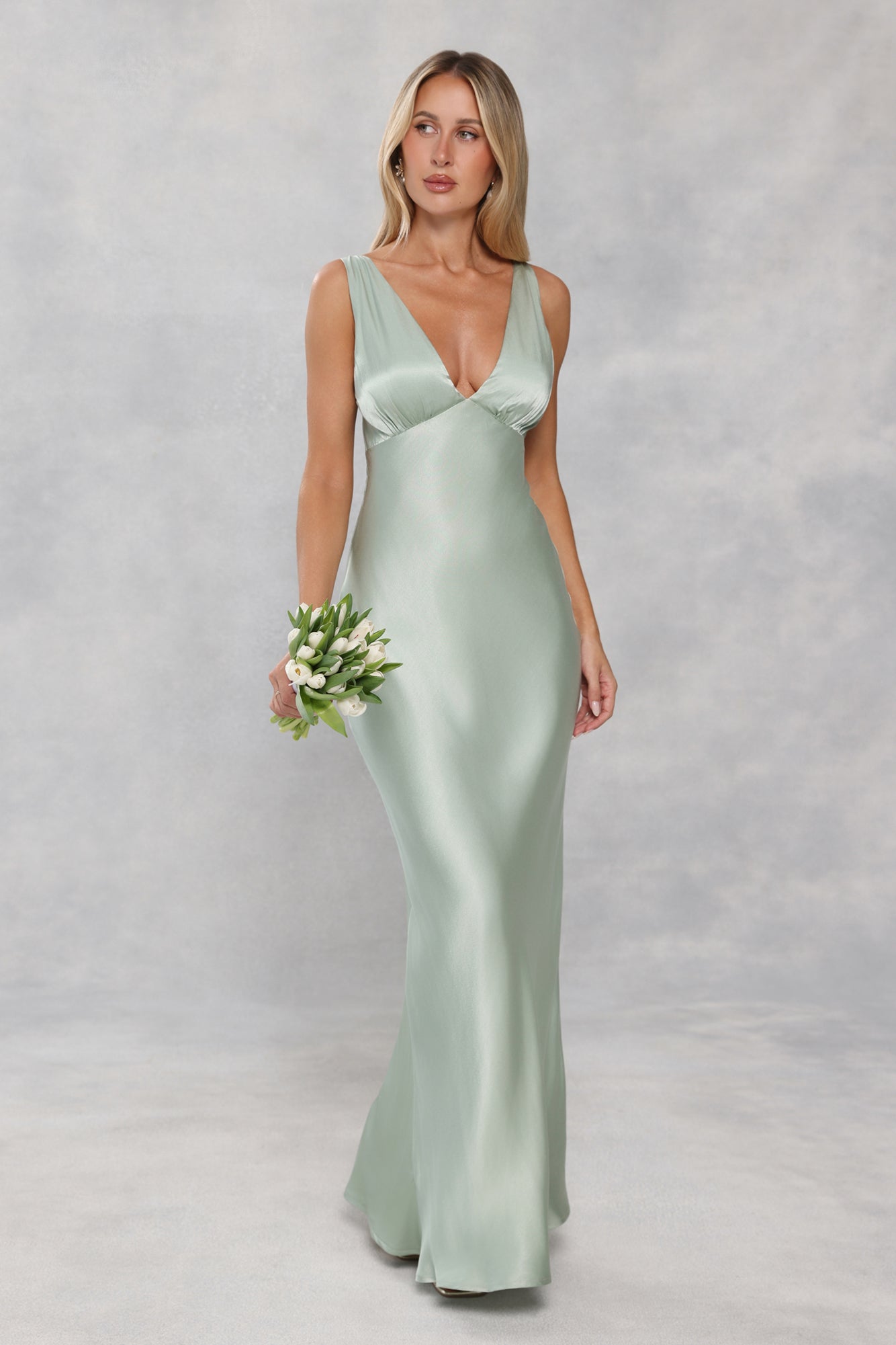 The Isabeau Satin Maxi Dress Sage Green