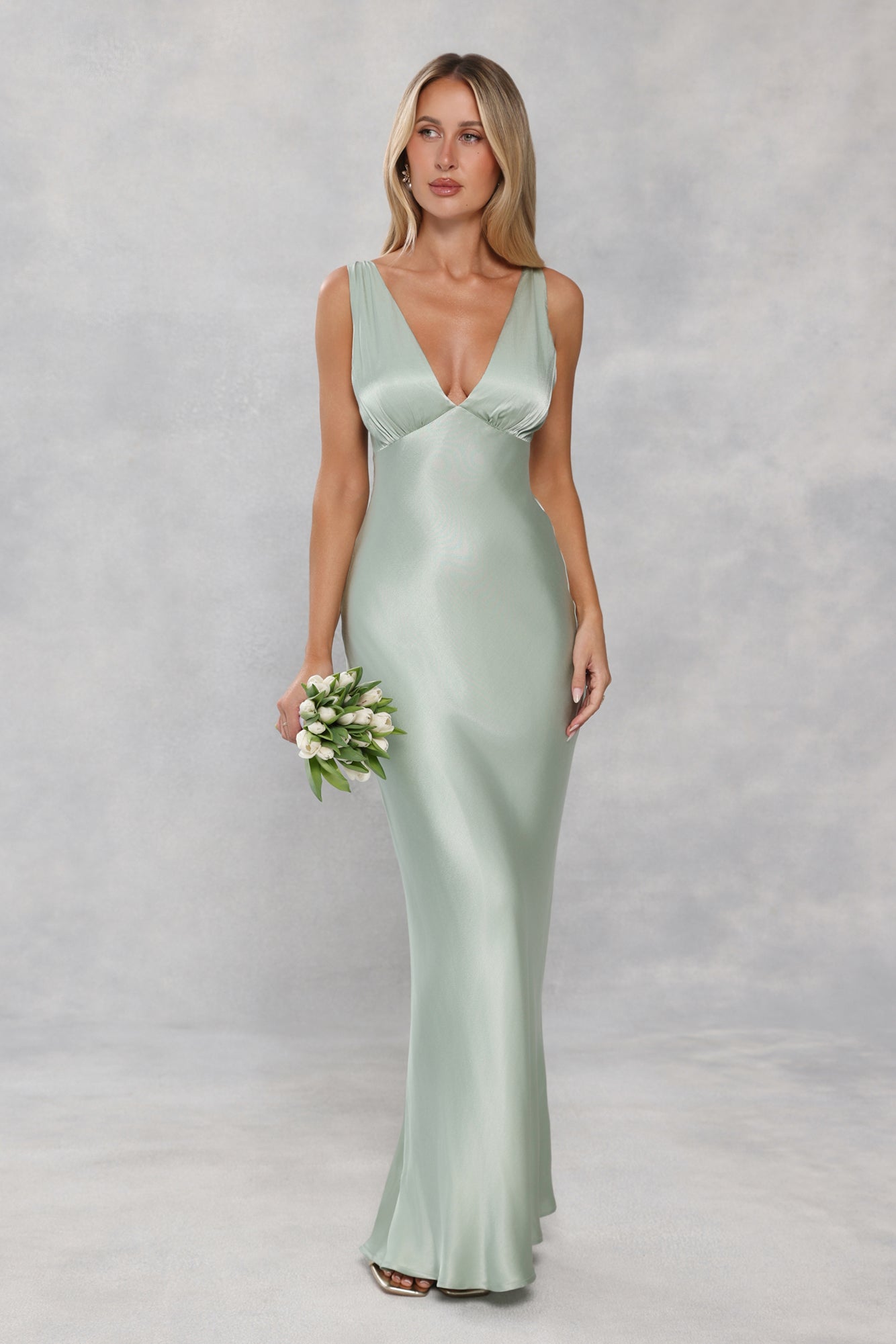 The Isabeau Satin Maxi Dress Sage Green