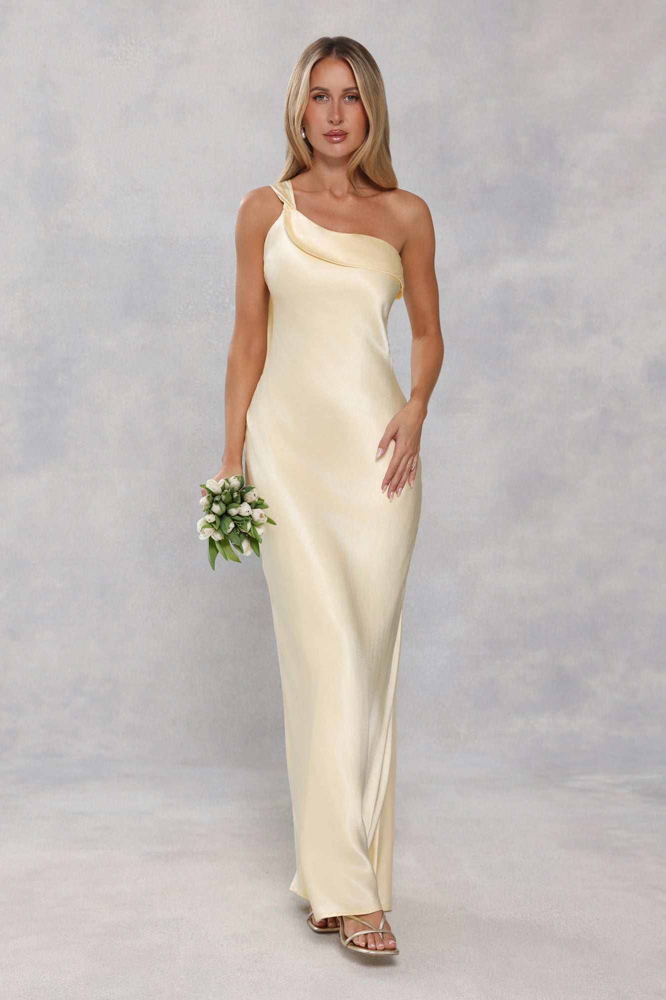 The Zafira One Shoulder Satin Maxi Dress Yellow