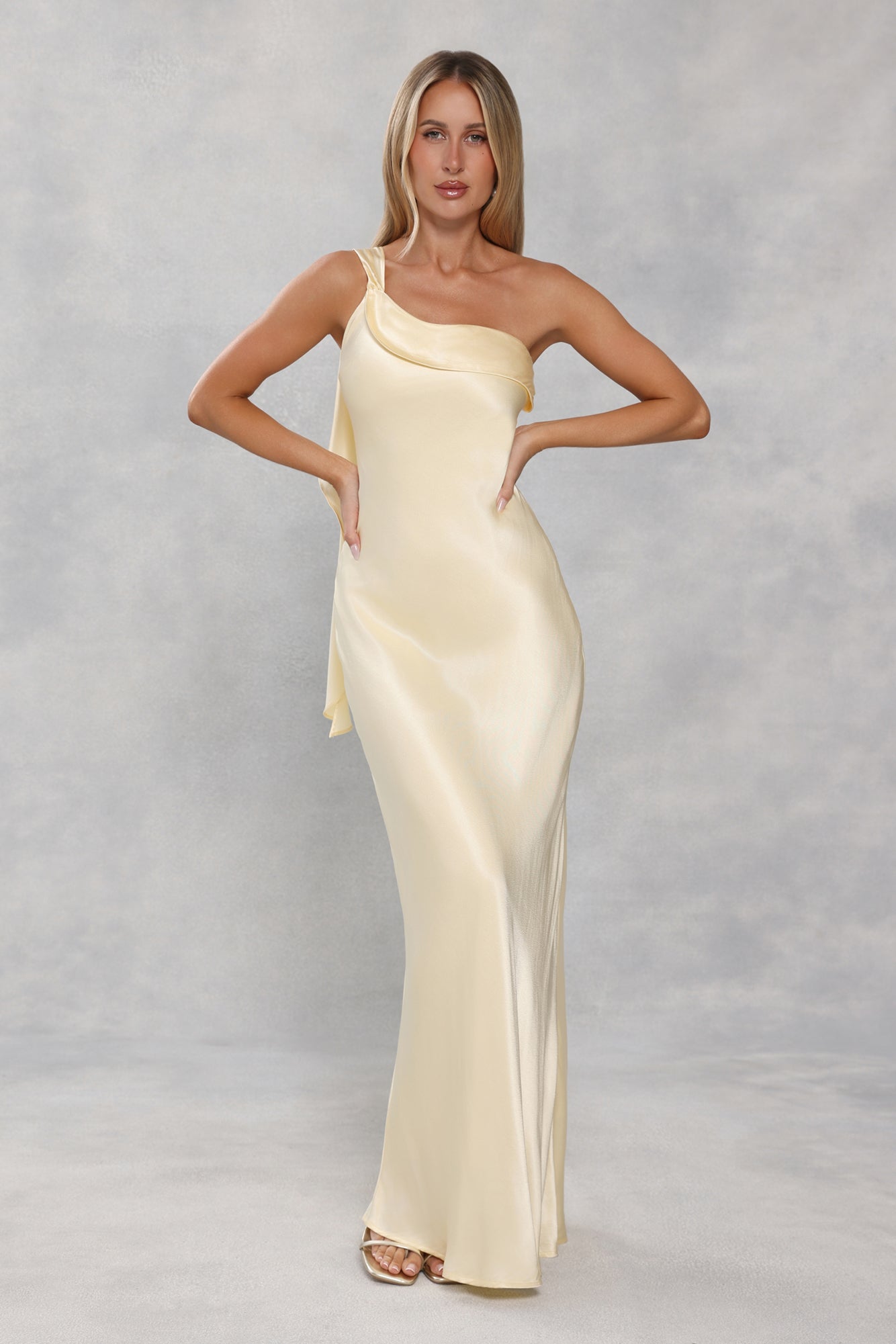 The Zafira One Shoulder Satin Maxi Dress Yellow