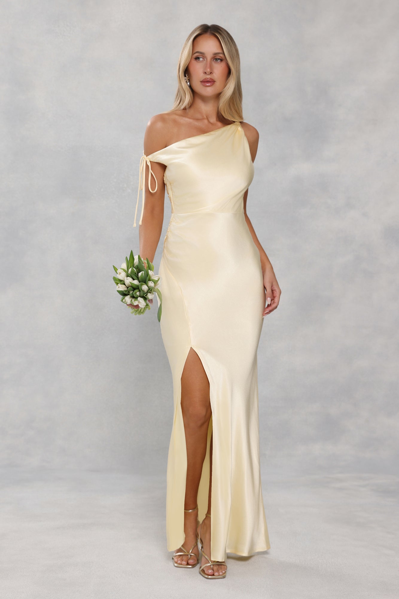 The Clover Off Shoulder Satin Maxi Dress Yellow