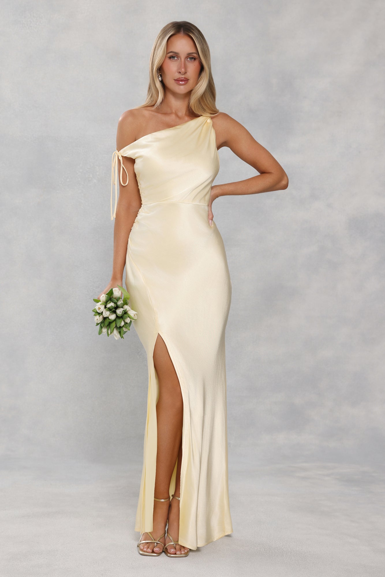 The Clover Off Shoulder Satin Maxi Dress Yellow