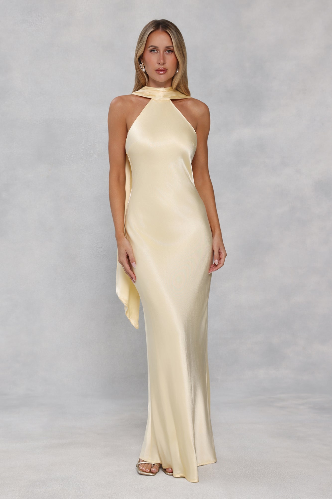 The Vivia Halter Satin Maxi Dress Yellow