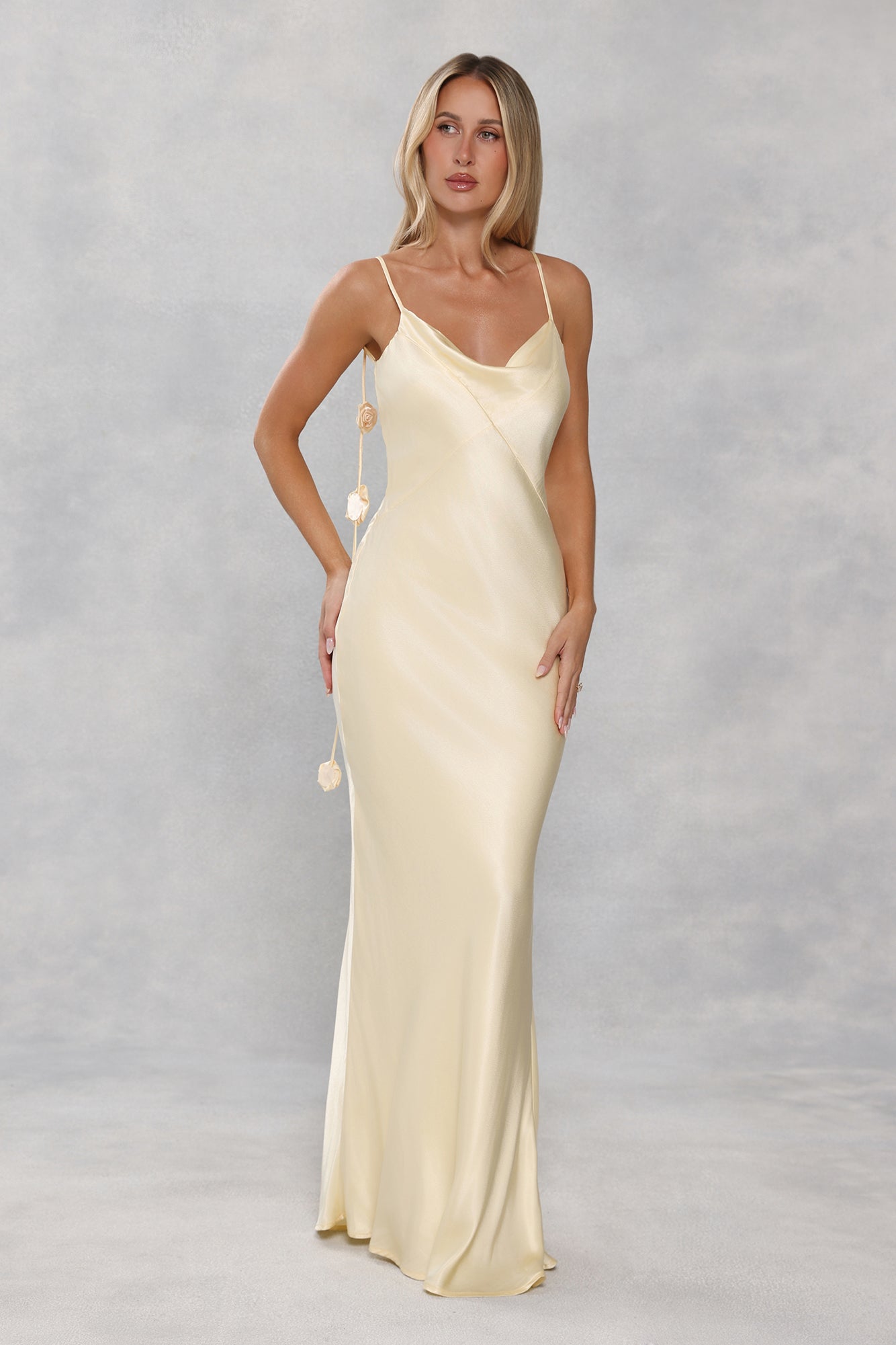 The Flora Satin Maxi Dress Yellow