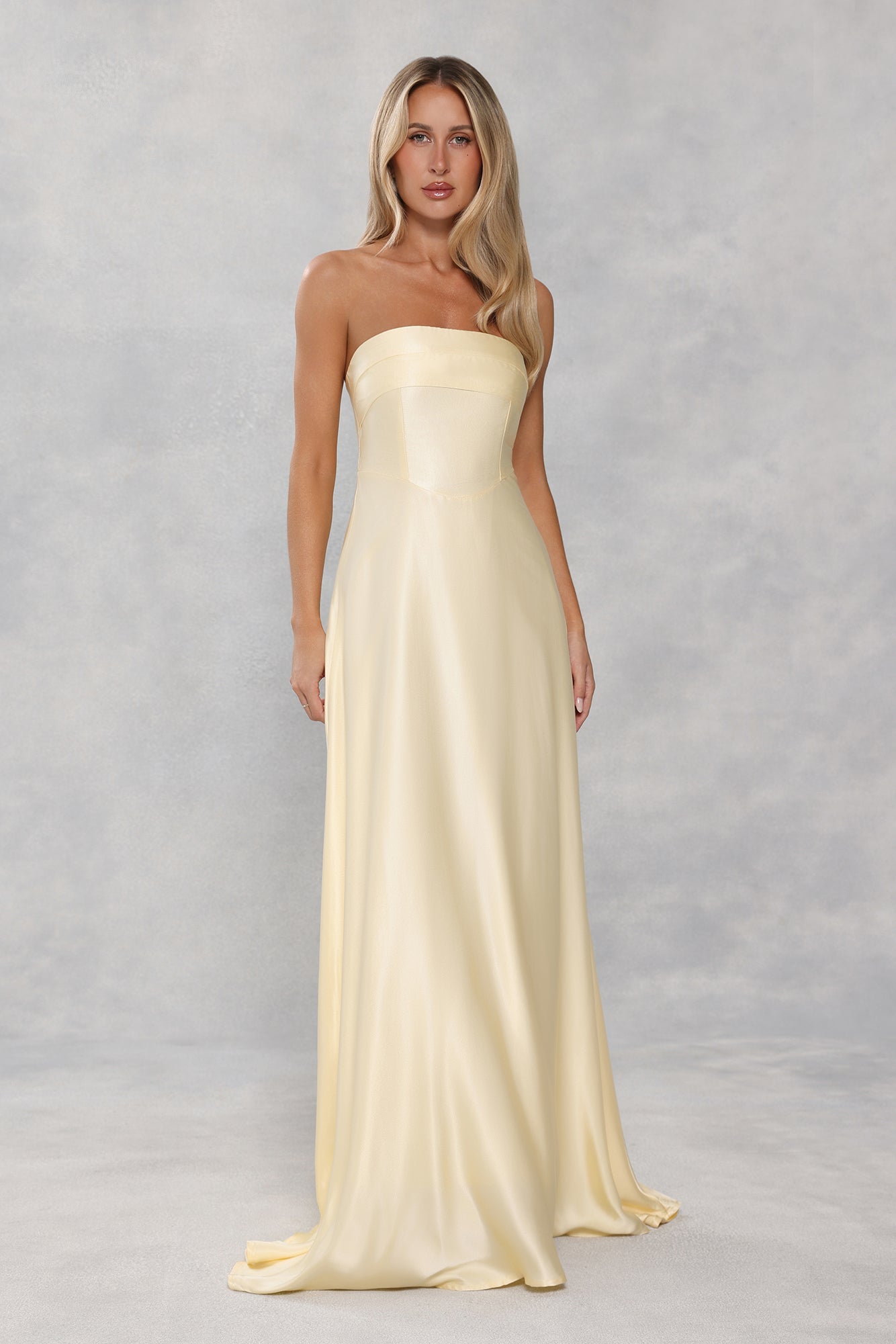 The Serina Strapless Satin Maxi Dress Yellow