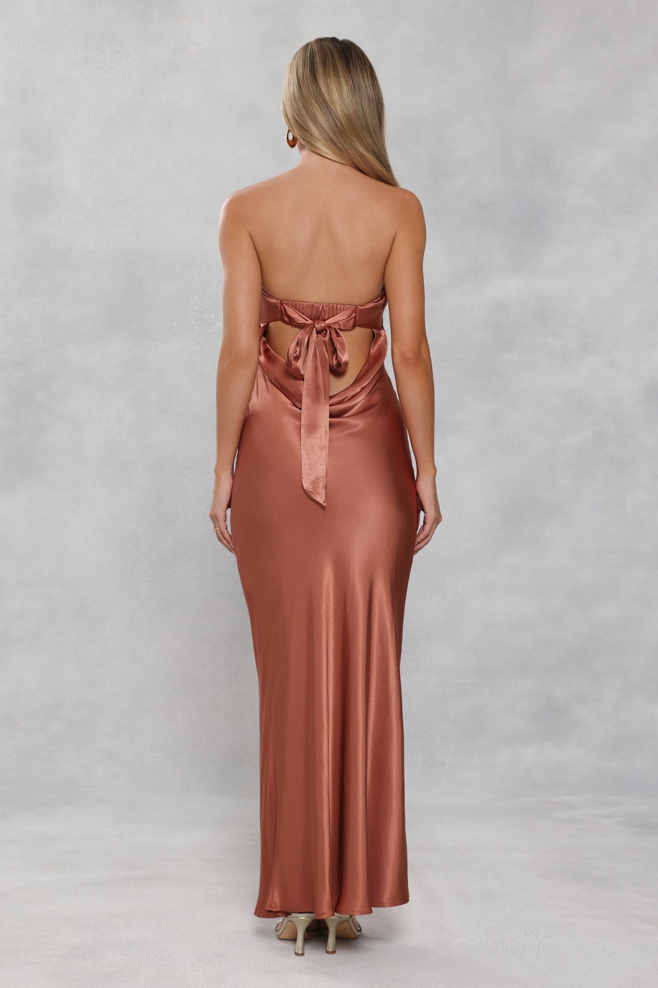 The Felicity Strapless Satin Maxi Dress Bronze