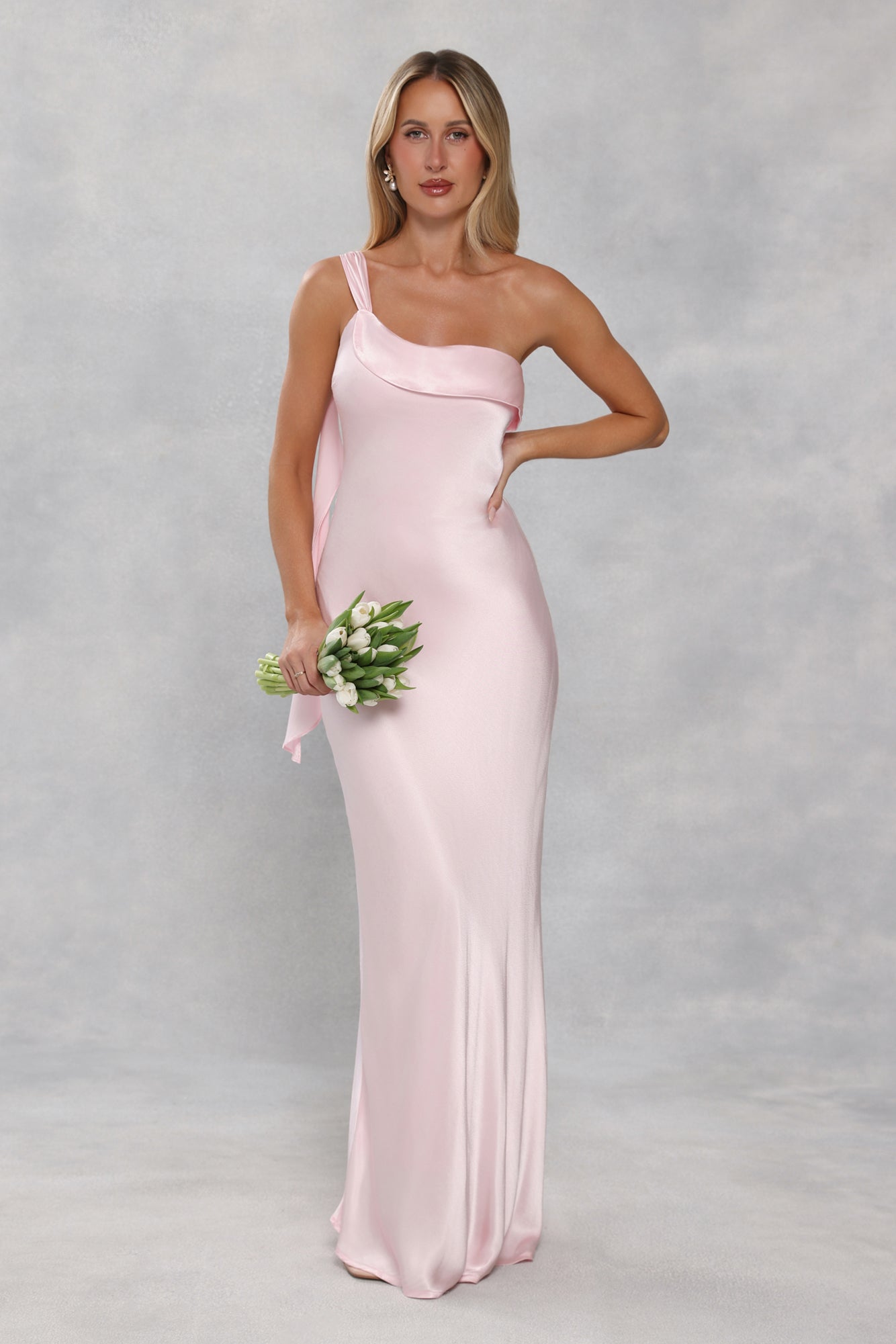 The Zafira One Shoulder Satin Maxi Dress Light Pink