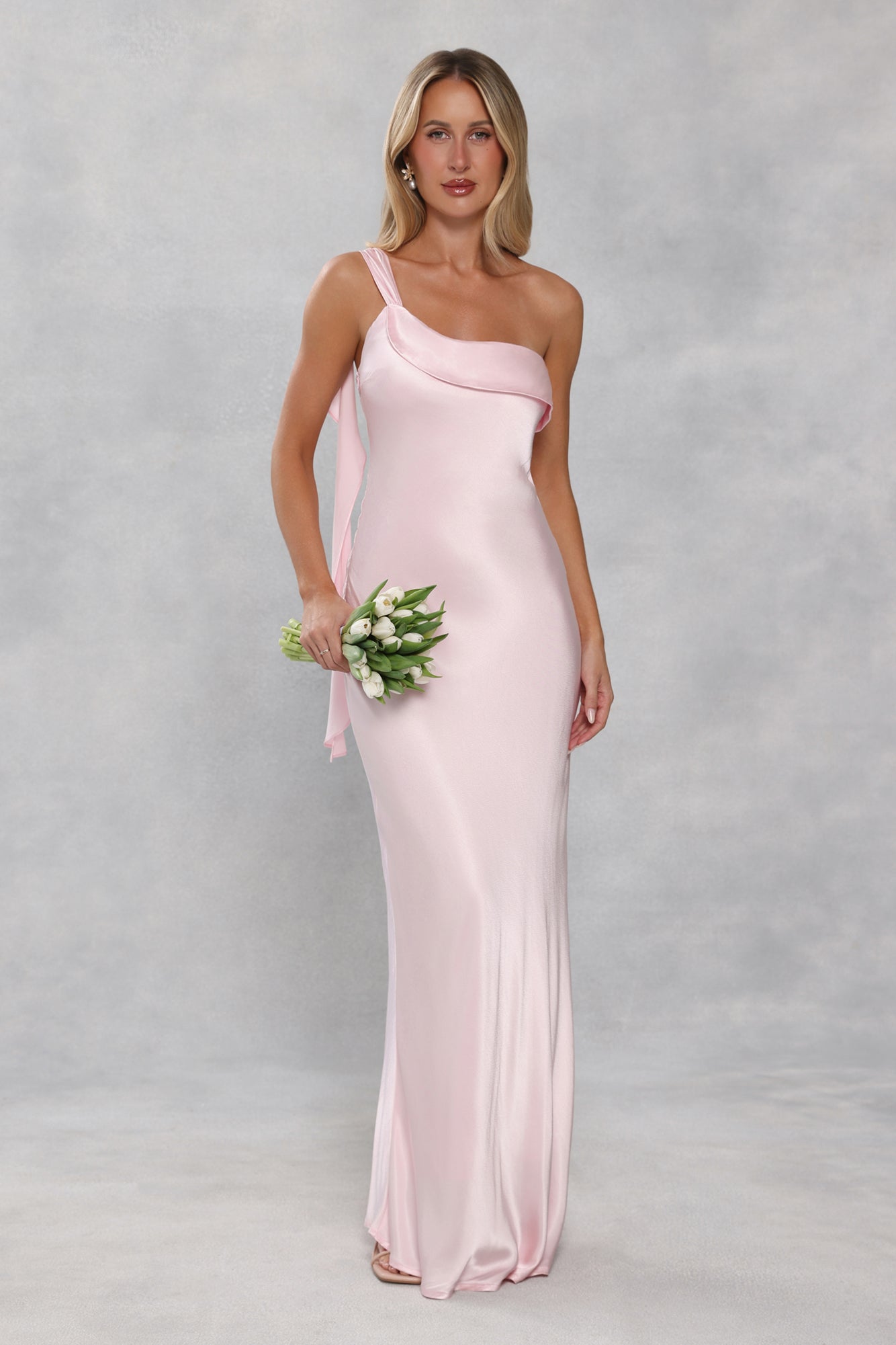 The Zafira One Shoulder Satin Maxi Dress Light Pink
