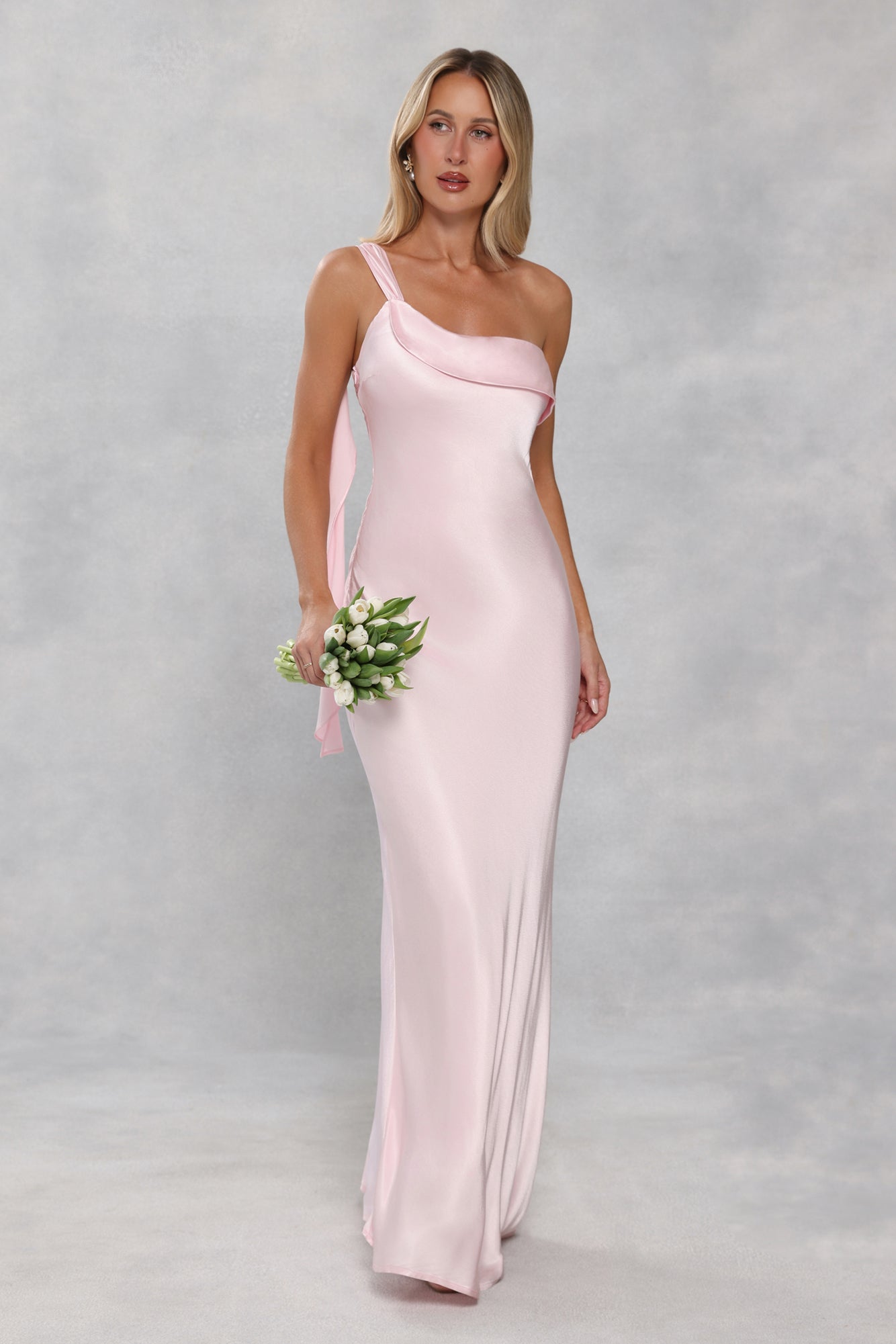 The Zafira One Shoulder Satin Maxi Dress Light Pink