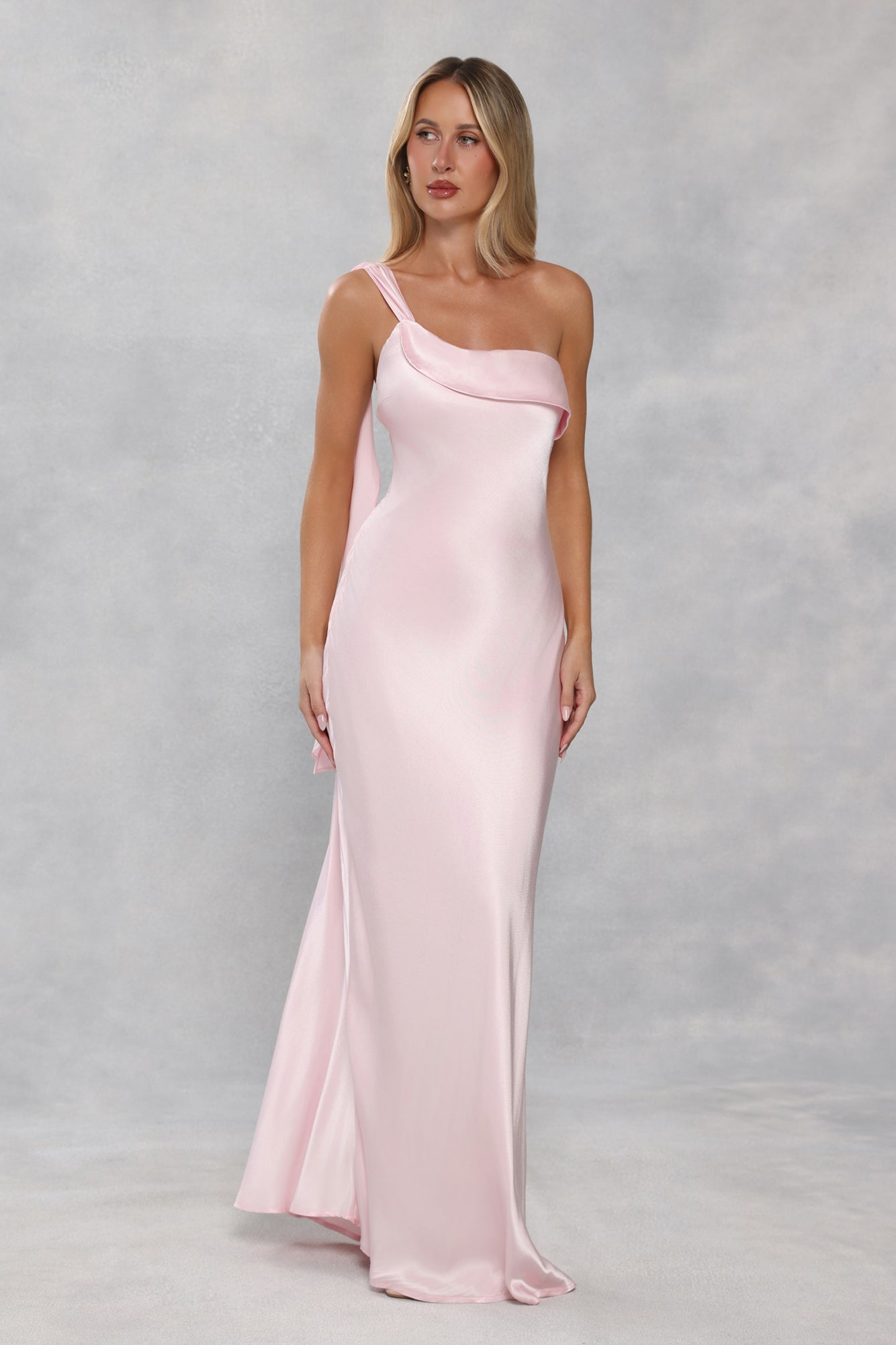 The Zafira One Shoulder Satin Maxi Dress Light Pink