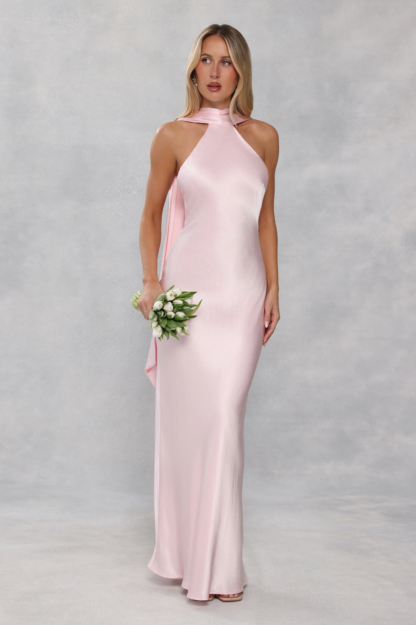 The Vivia Halter Satin Maxi Dress Light Pink