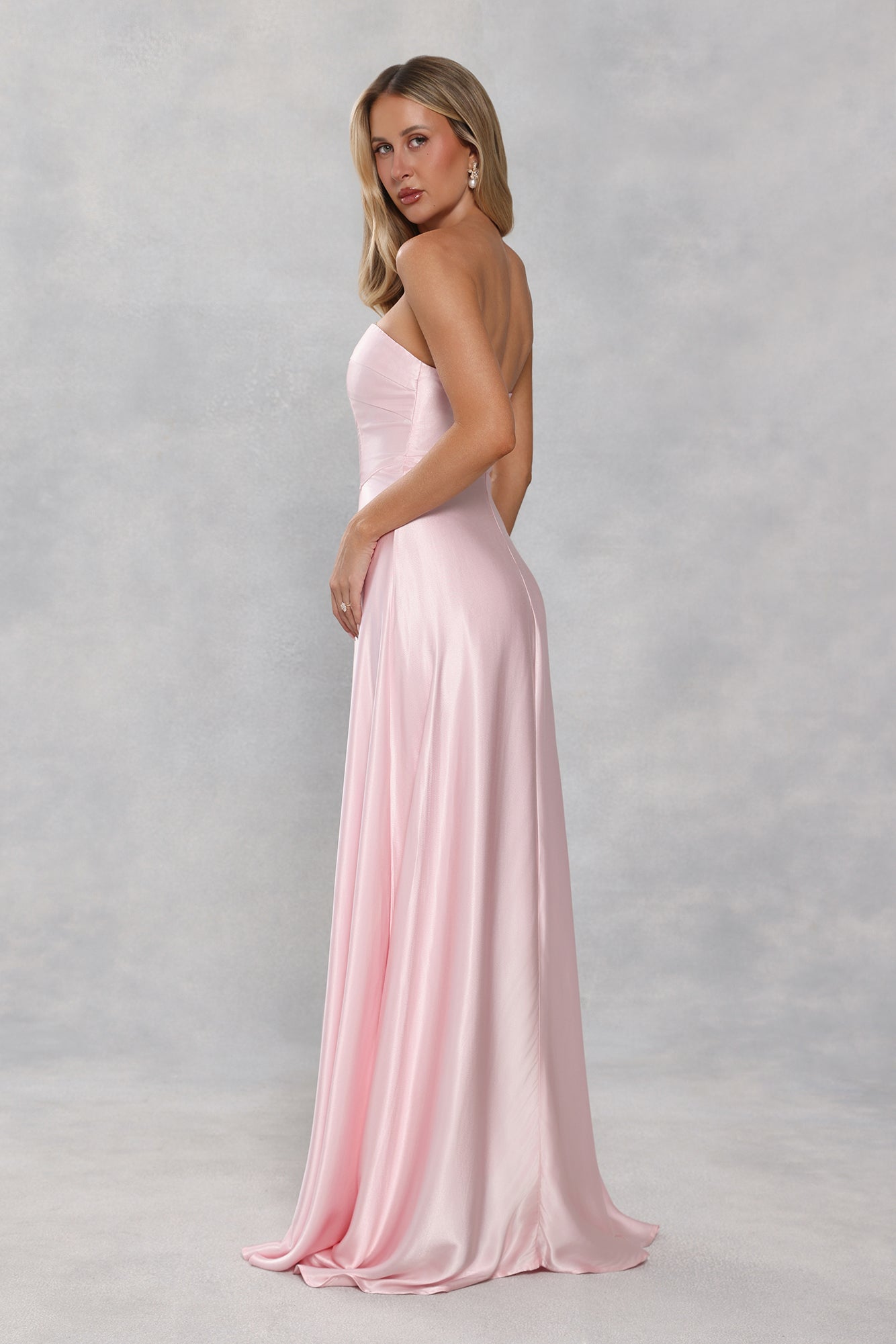 The Serina Strapless Satin Maxi Dress Light Pink