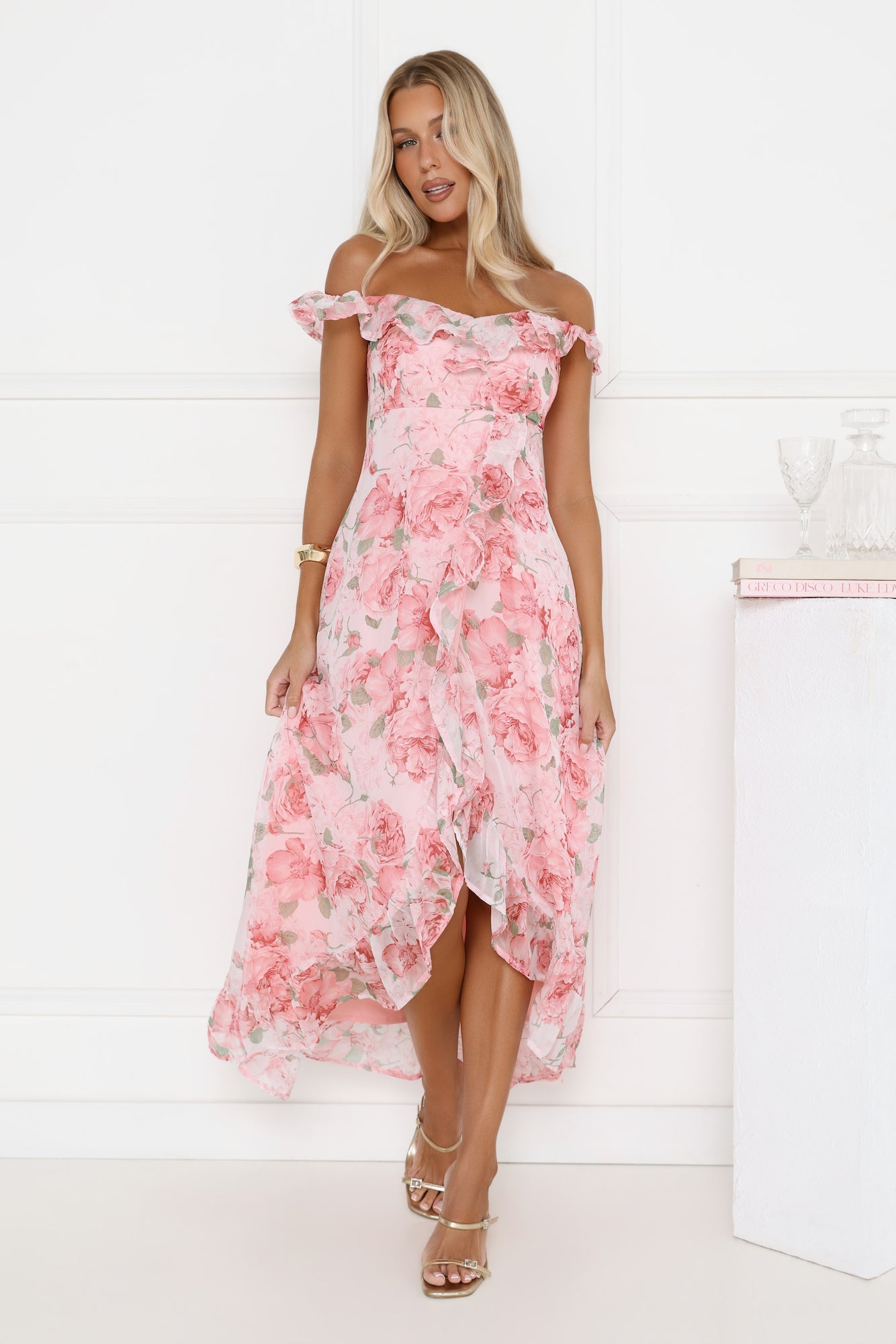 Whispering Blossoms Off Shoulder Maxi Dress Pink