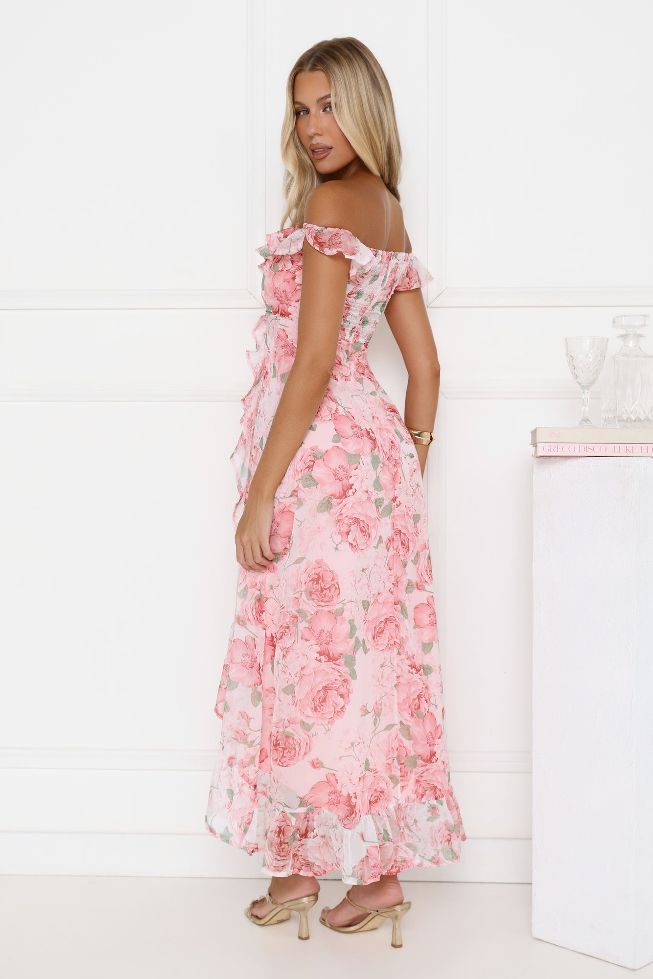 Whispering Blossoms Off Shoulder Maxi Dress Pink