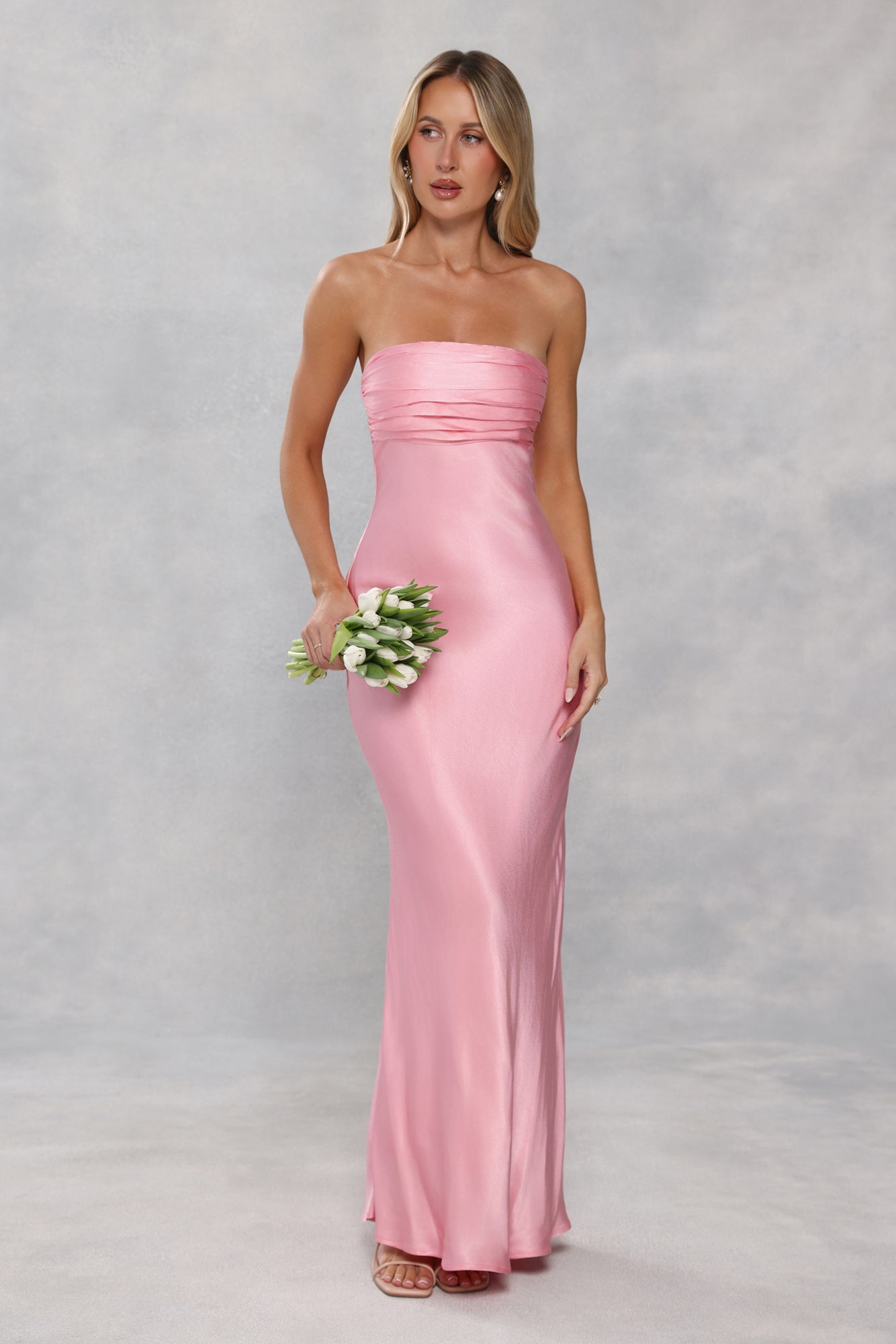 The Seraphina Strapless Satin Maxi Dress Candy Pink