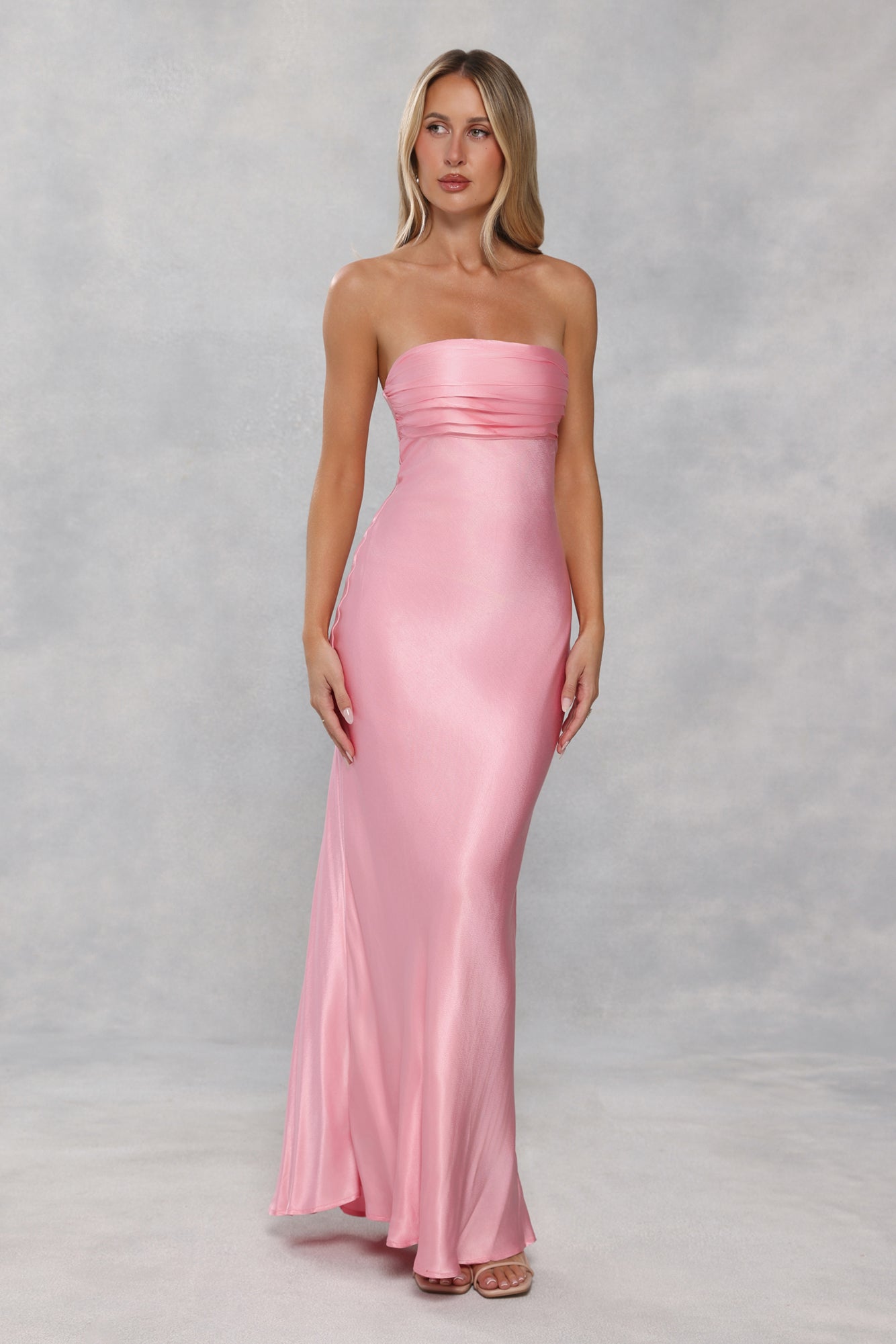 The Seraphina Strapless Satin Maxi Dress Candy Pink