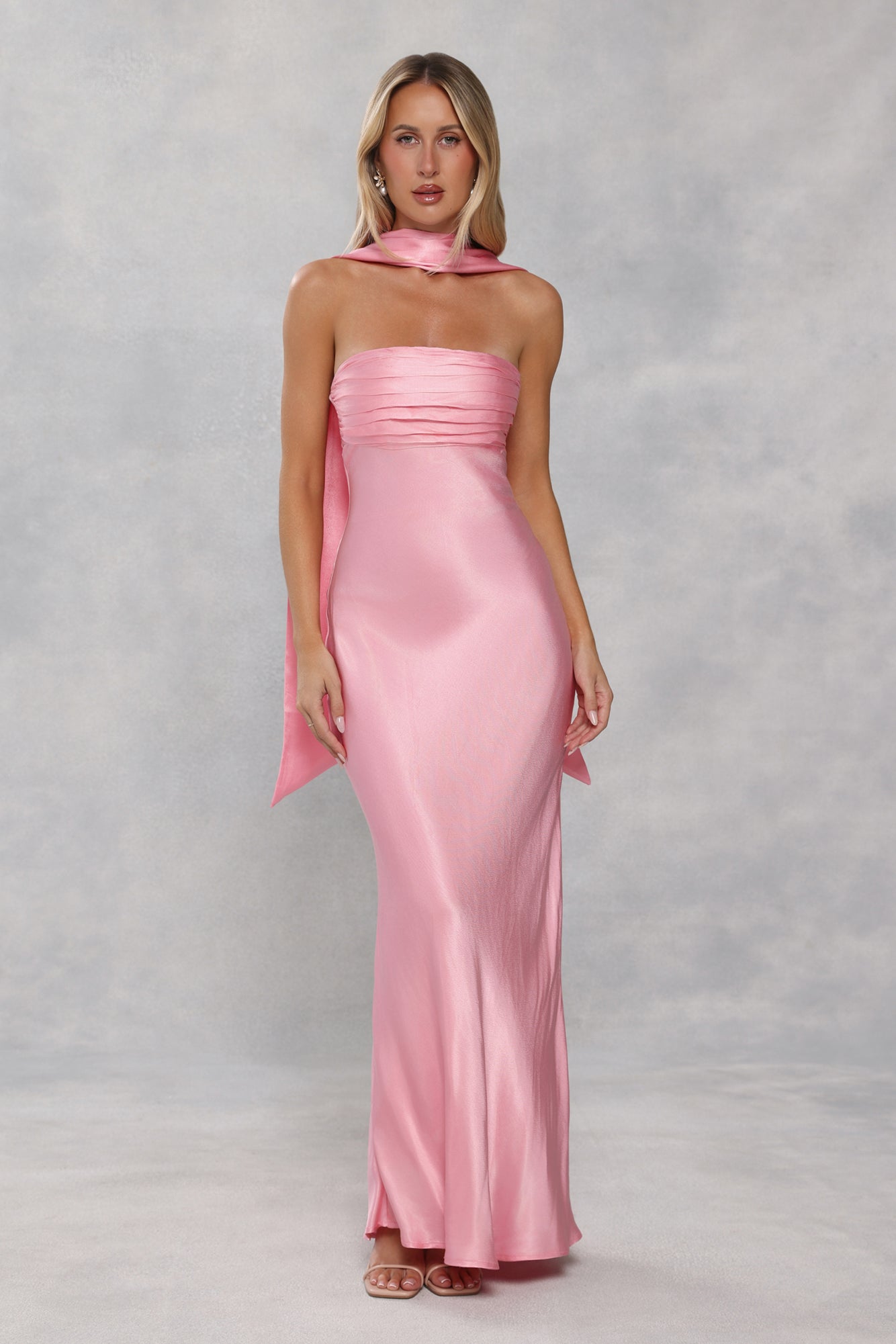 The Seraphina Strapless Satin Maxi Dress Candy Pink