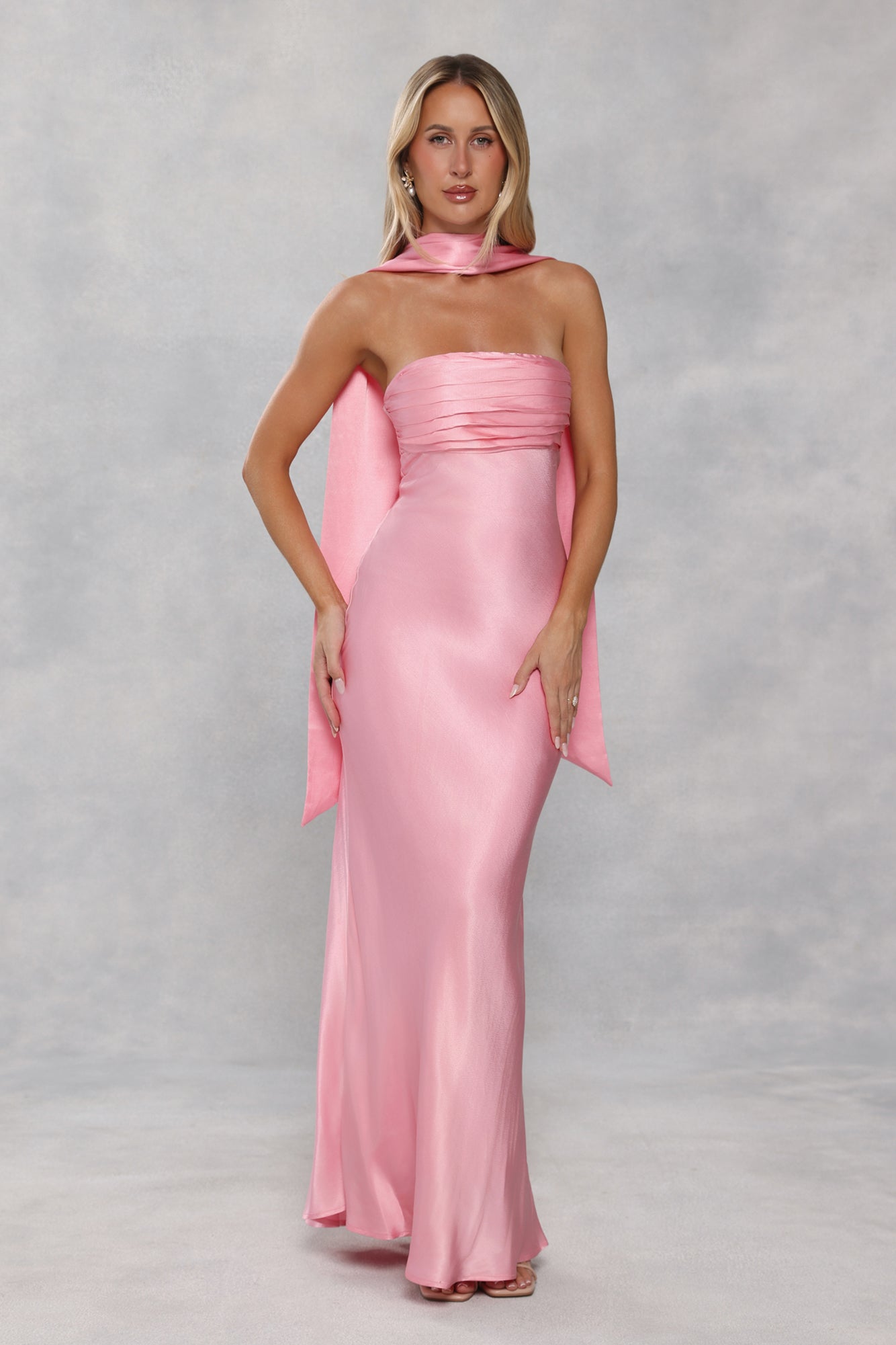 The Seraphina Strapless Satin Maxi Dress Candy Pink