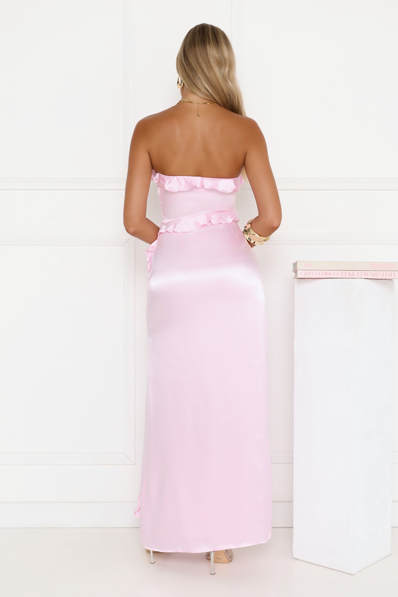 Seaside Eternity Strapless Satin Maxi Dress Pink
