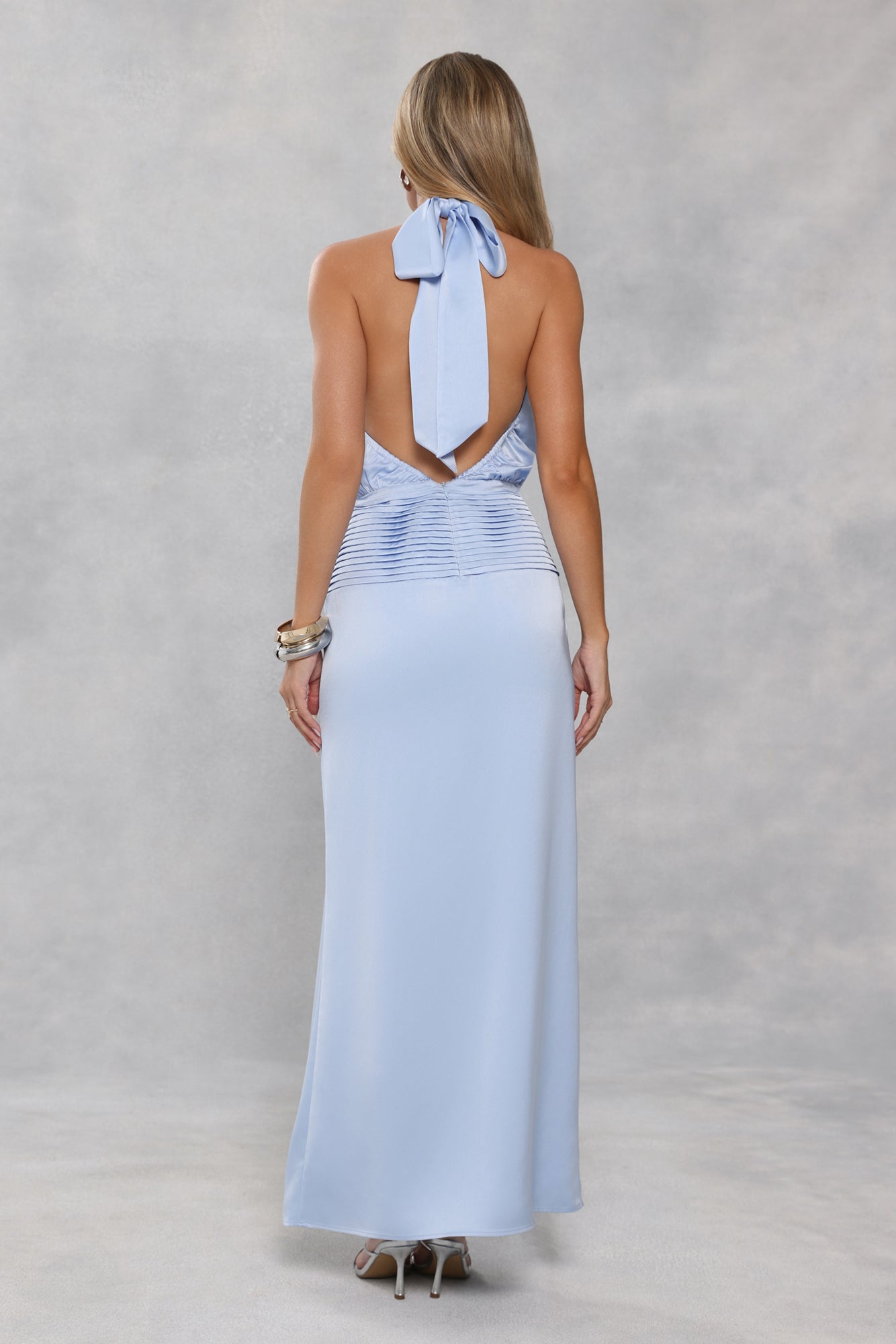 Silken Society Halter Satin Maxi Dress Blue