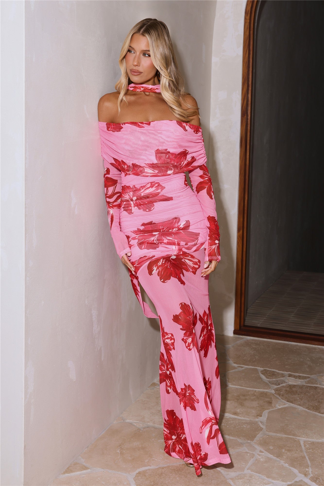 Bloom Reverie Mesh Off Shoulder Long Sleeve Maxi Dress Pink