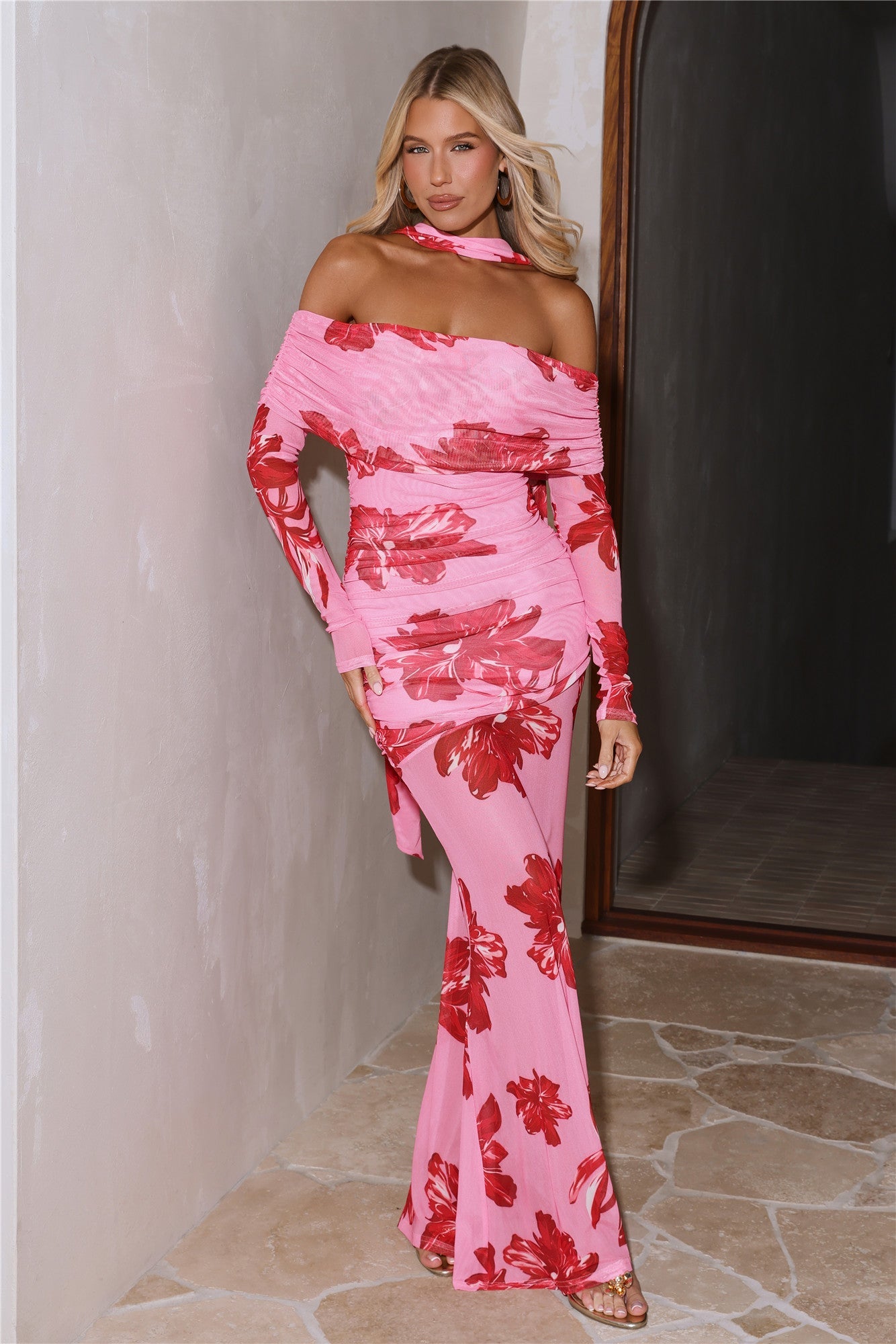 Bloom Reverie Mesh Off Shoulder Long Sleeve Maxi Dress Pink