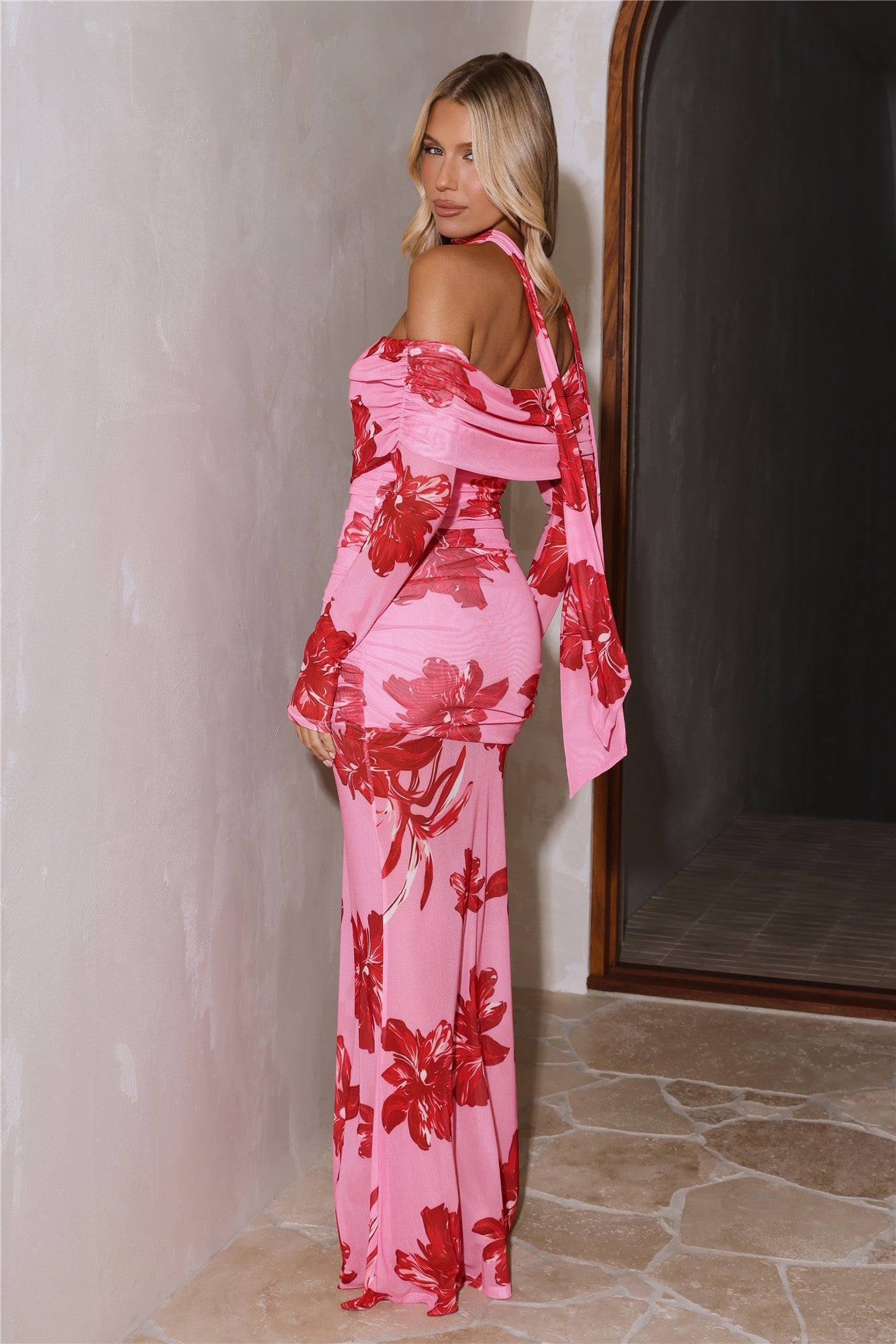 Bloom Reverie Mesh Off Shoulder Long Sleeve Maxi Dress Pink