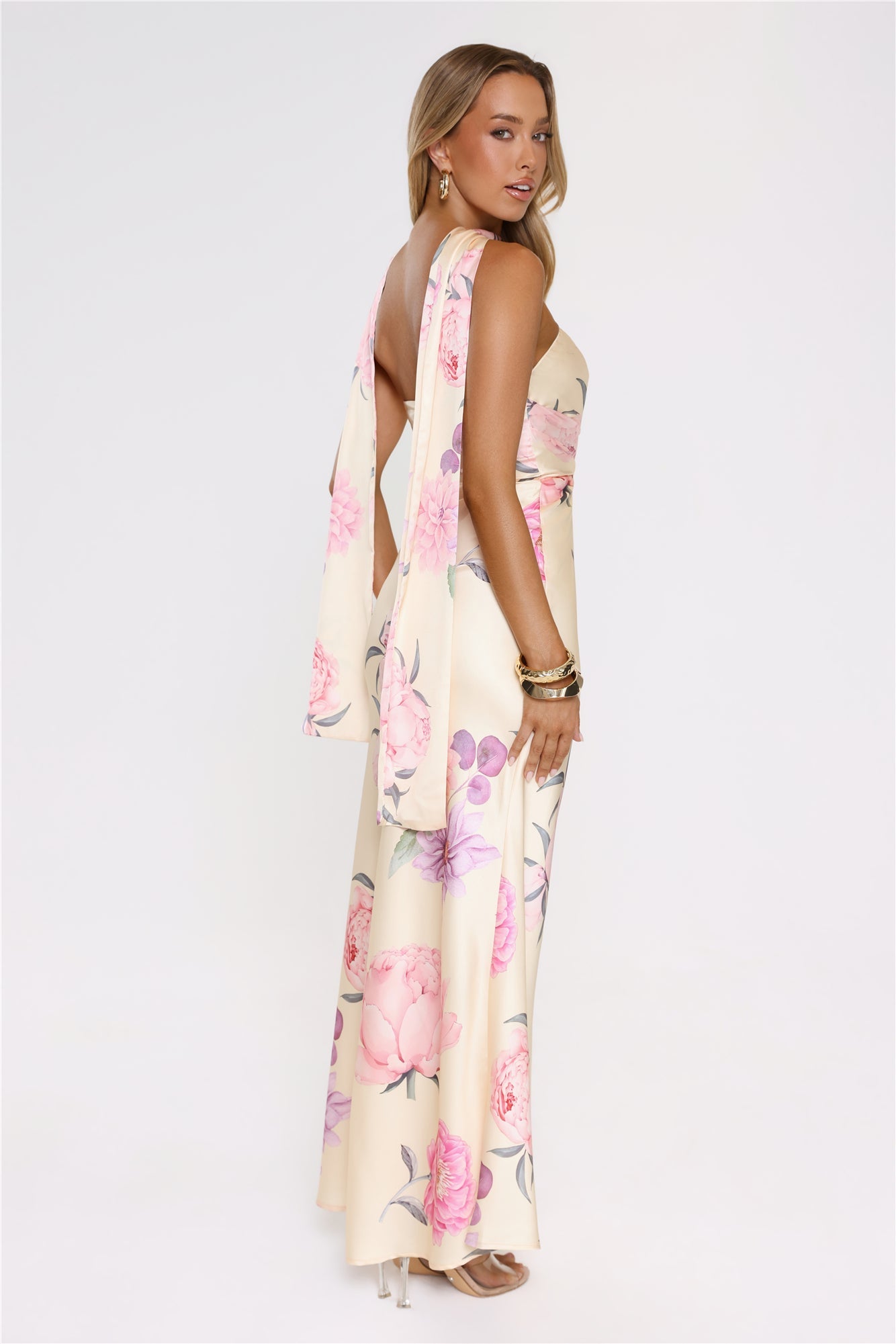 Chic Blooms Satin Maxi Dress Yellow