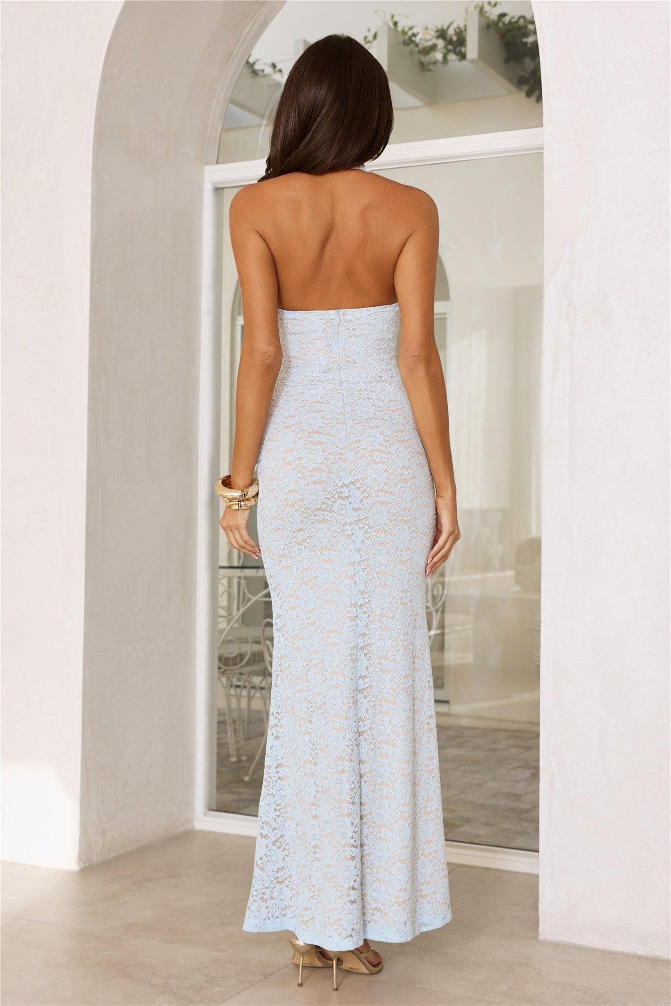 Delicate Daydream Halter Lace Maxi Dress Light Blue