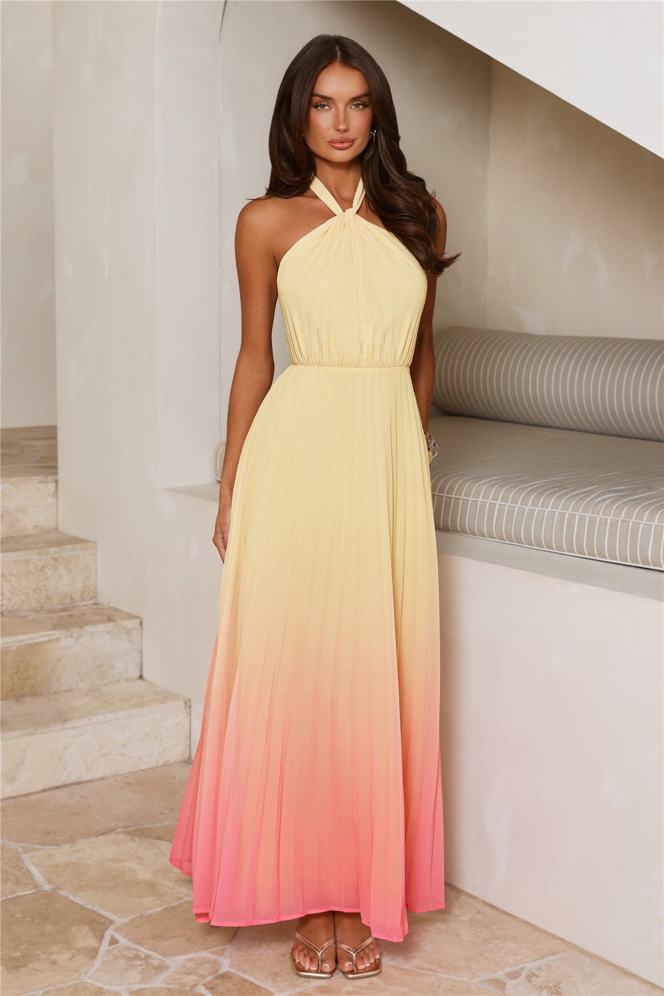 Love Me Lightly Halter Pleated Maxi Dress Yellow