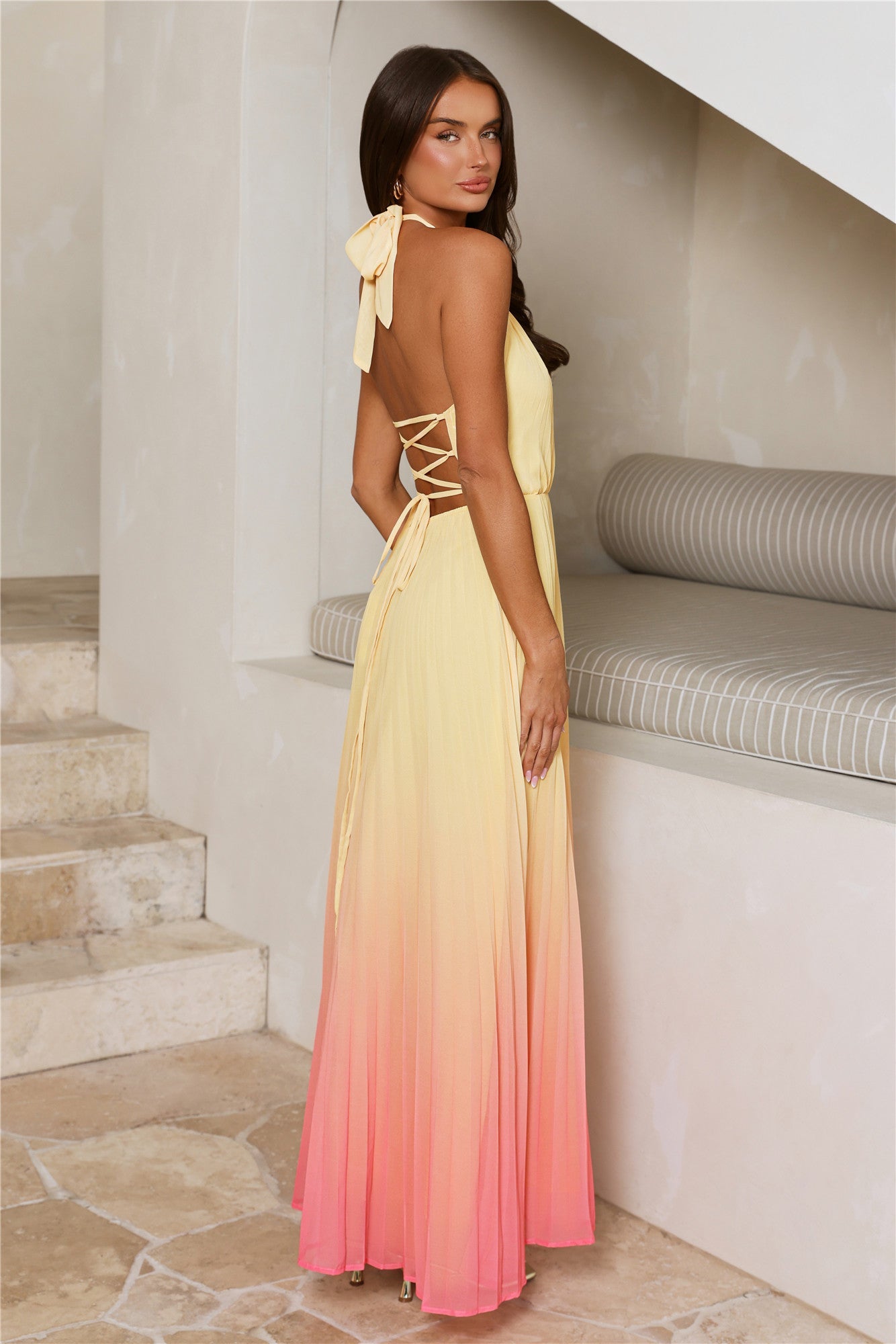 Love Me Lightly Halter Pleated Maxi Dress Yellow