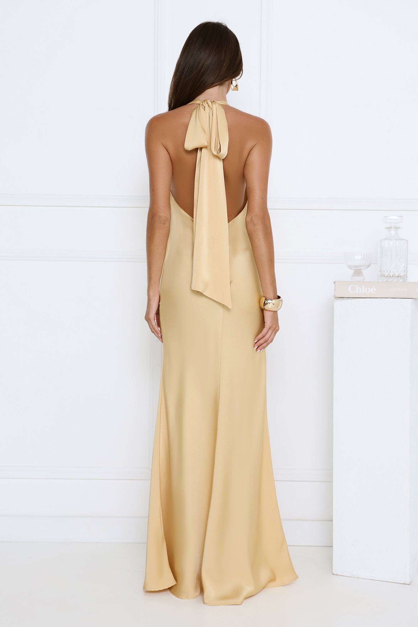 Glitz Gathering Halter Satin Maxi Dress Gold