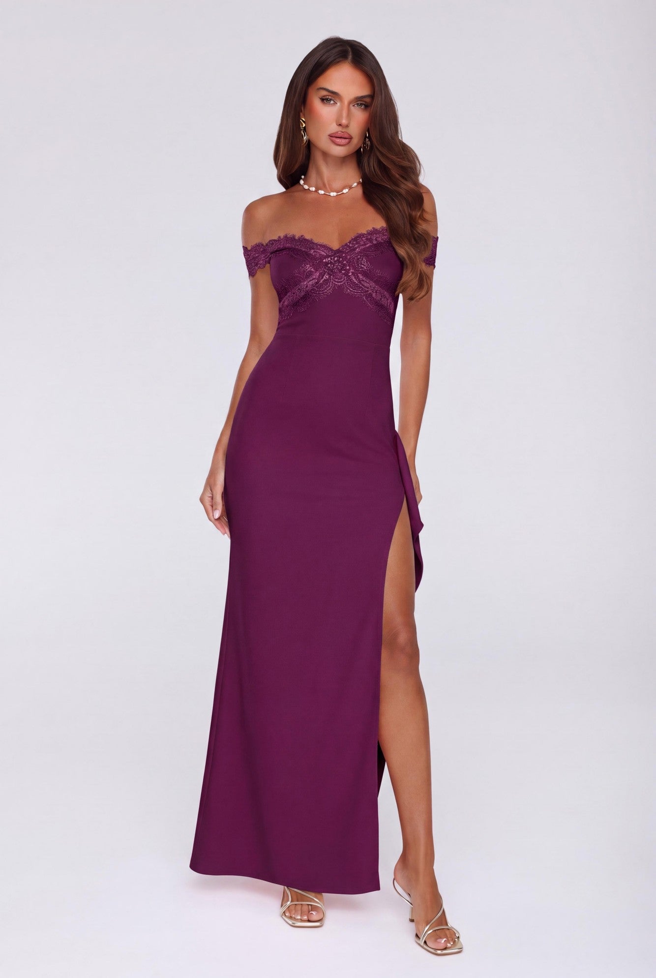 Ethereal Lace Off Shoulder Maxi Dress Plum