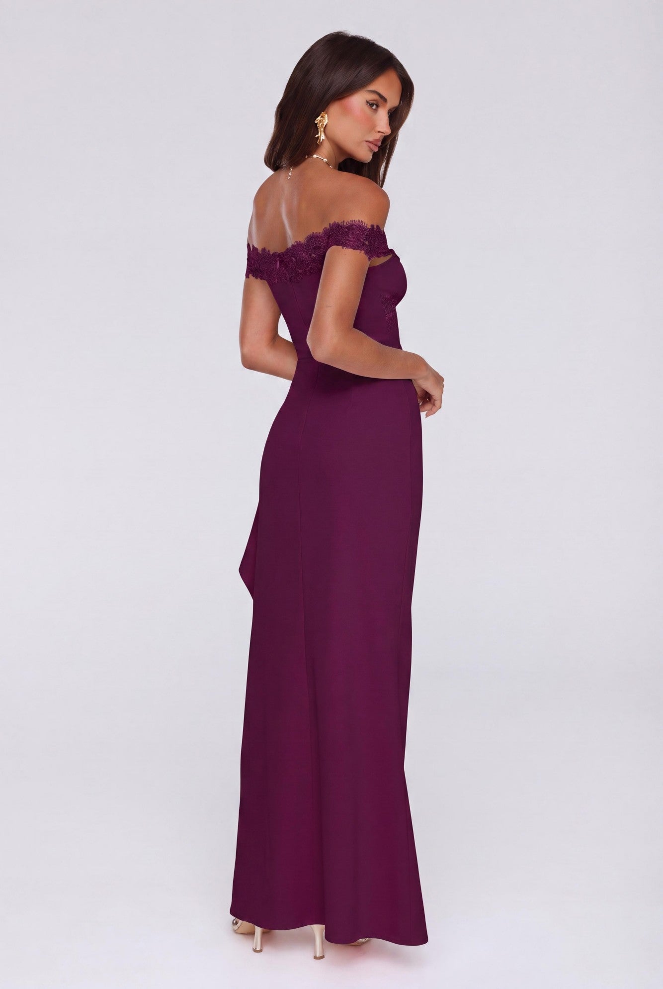 Ethereal Lace Off Shoulder Maxi Dress Plum