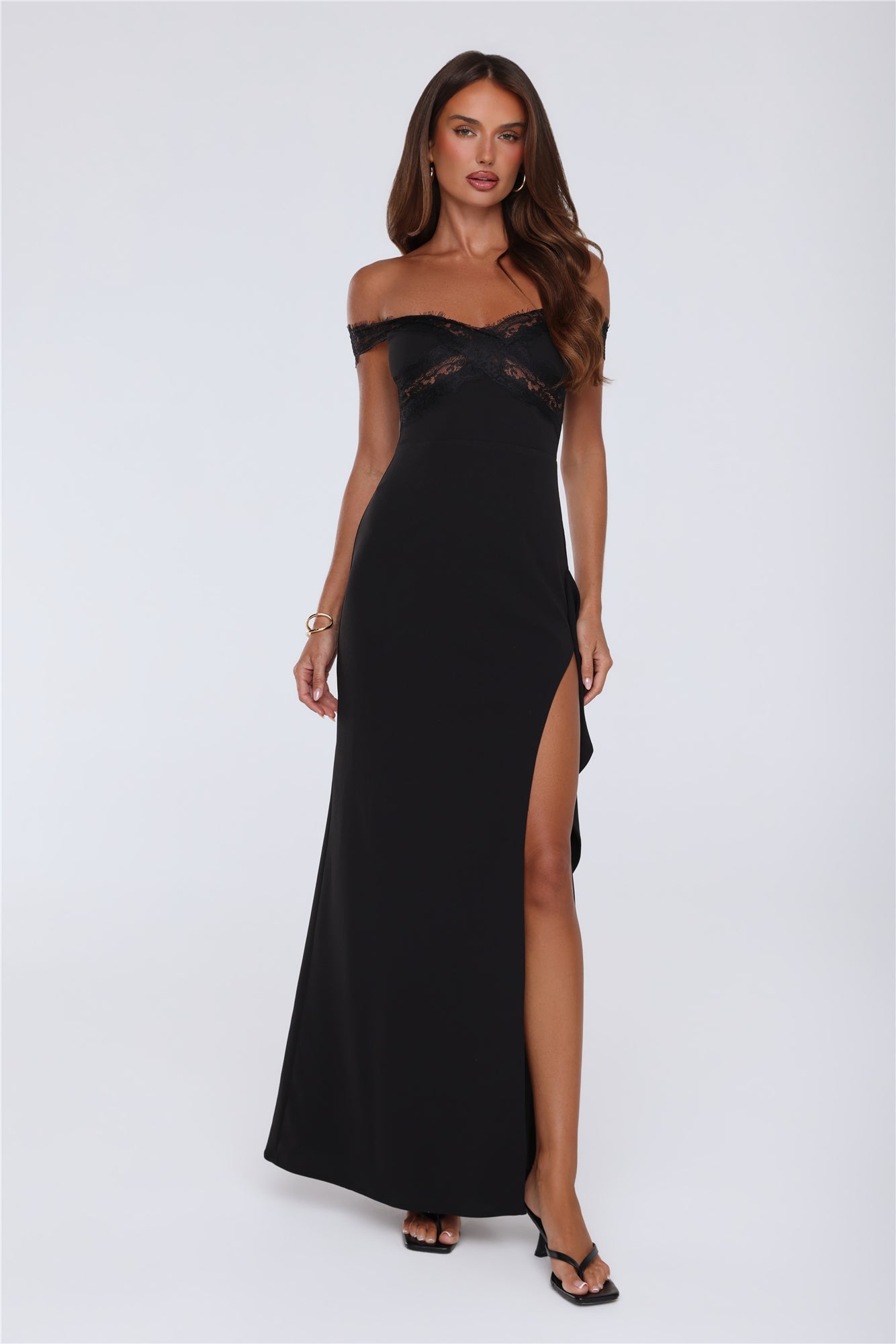 Ethereal Lace Off Shoulder Maxi Dress Black