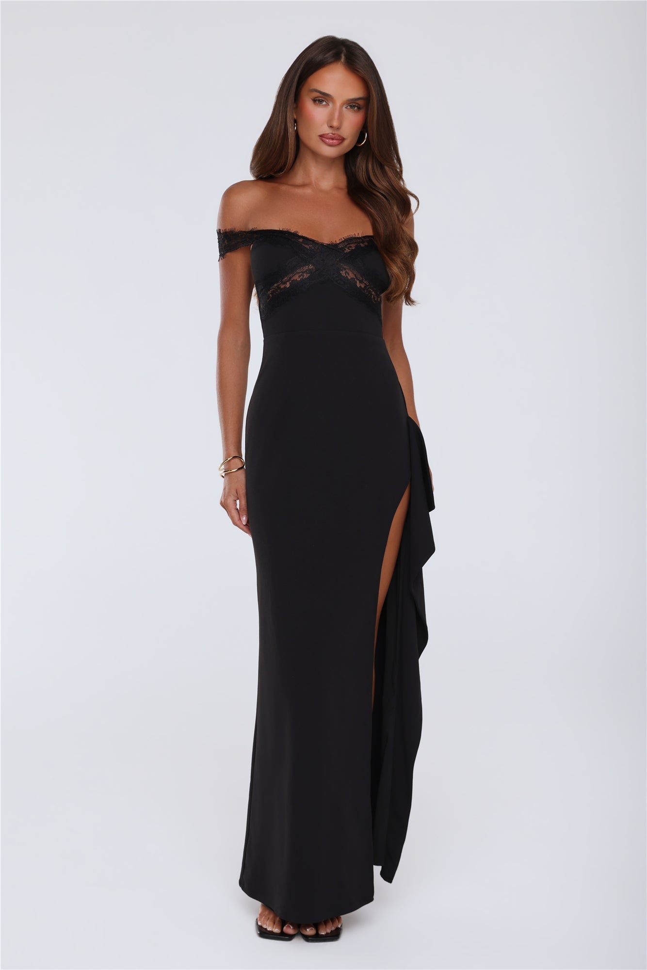Ethereal Lace Off Shoulder Maxi Dress Black