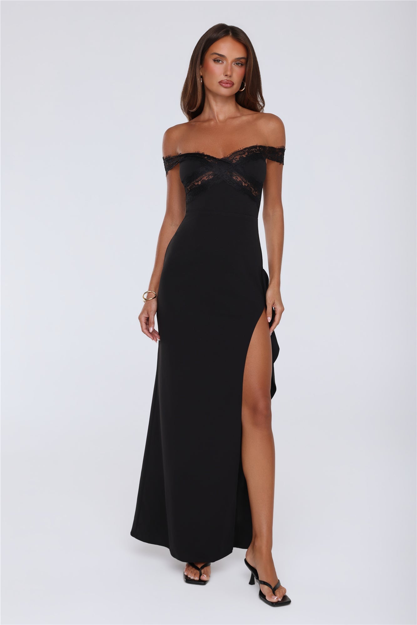 Ethereal Lace Off Shoulder Maxi Dress Black