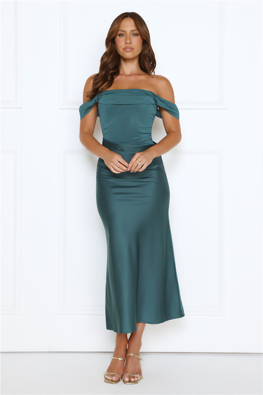 Out Tonight Edit Off Shoulder Mesh Satin Maxi Dress Teal