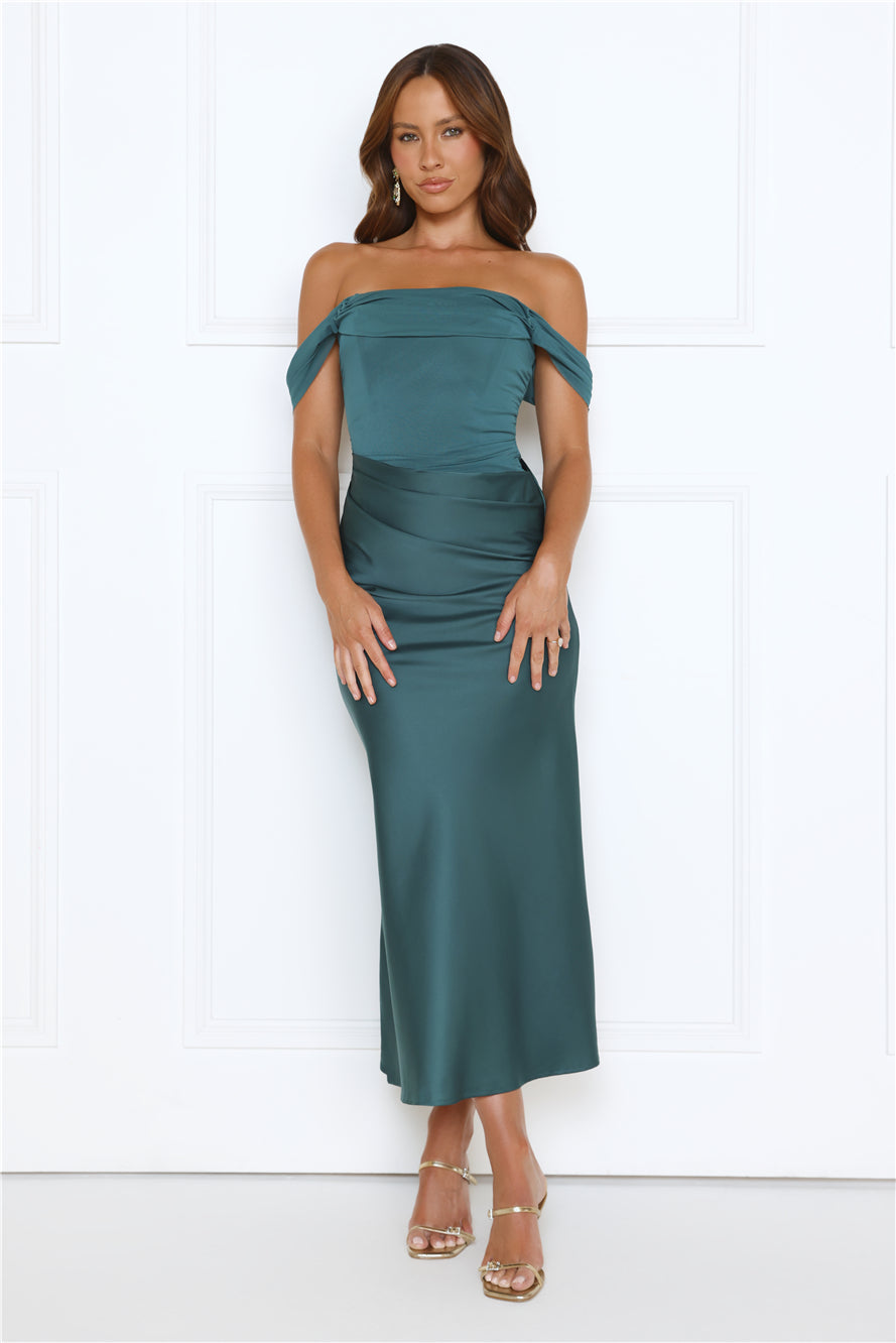 Out Tonight Edit Off Shoulder Mesh Satin Maxi Dress Teal