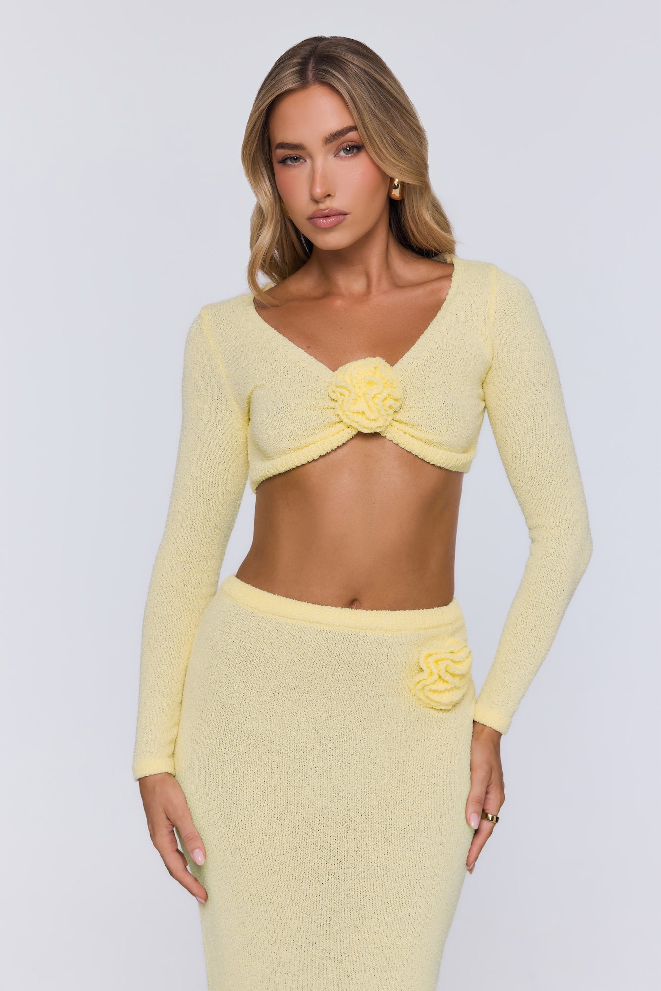 Sun Rose Knit Long Sleeve Crop Top Yellow