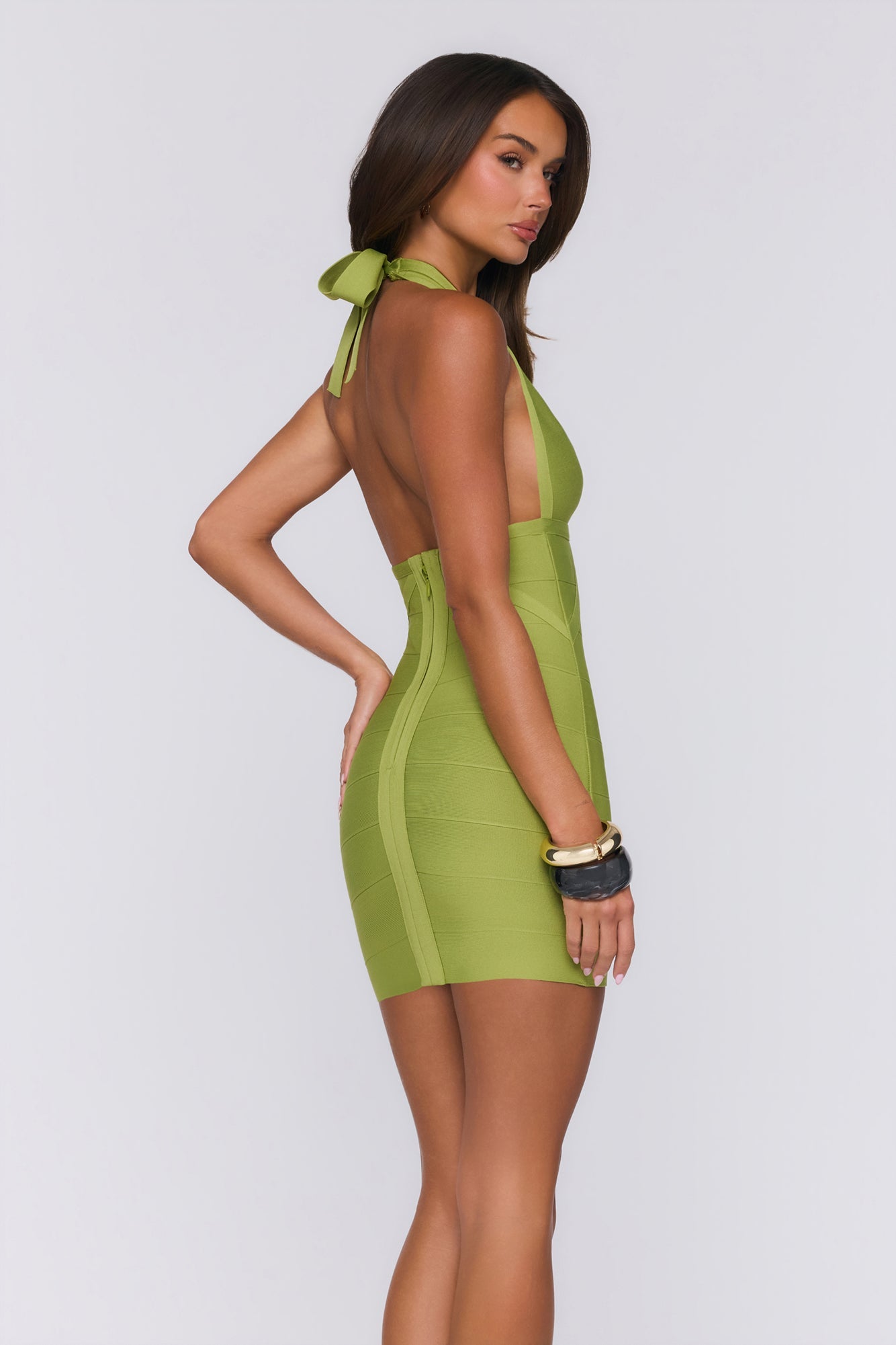 Shape Shift Halter Bandage Mini Dress Lime