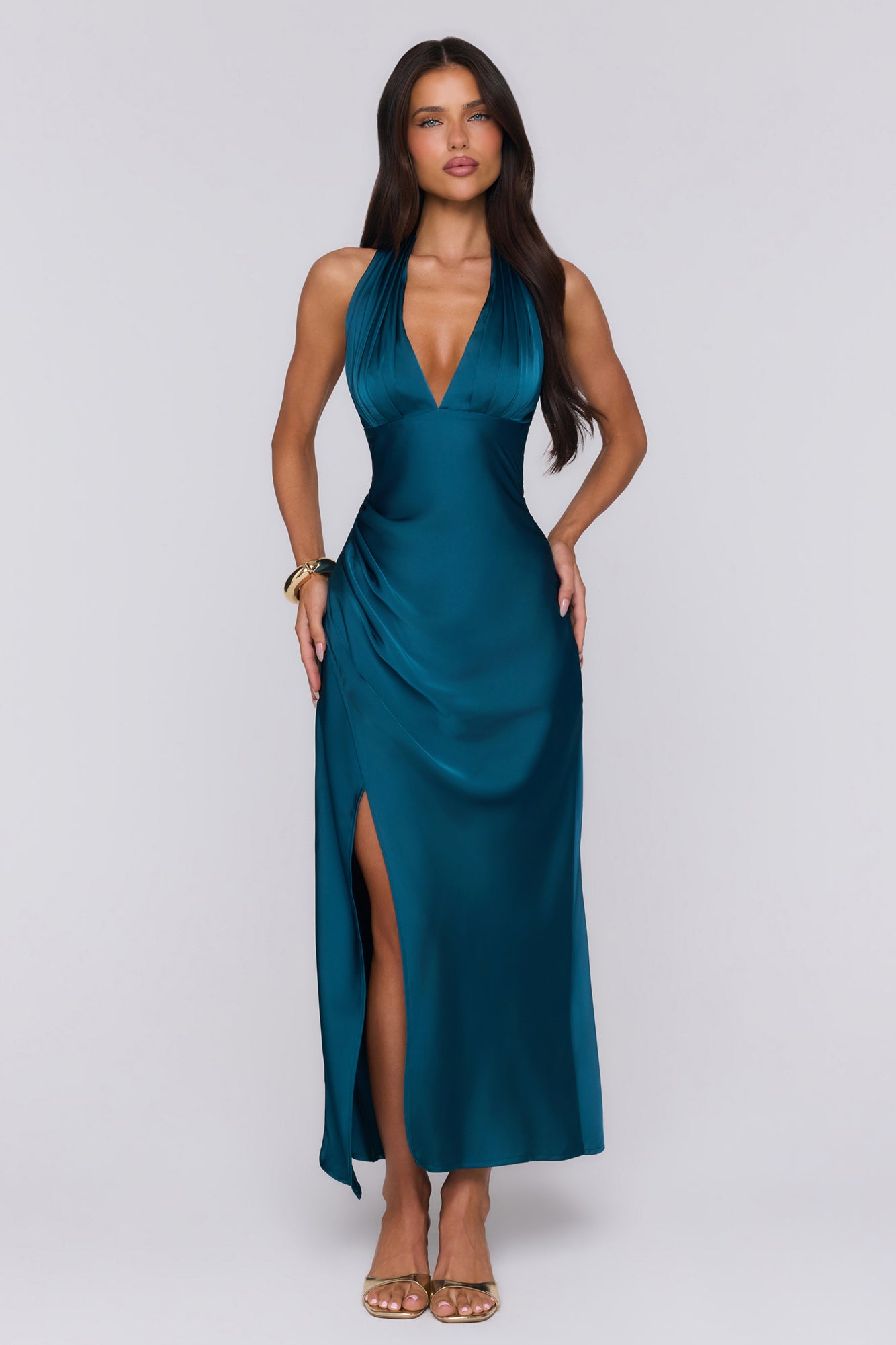 First Class Energy Halter Satin Maxi Dress Teal