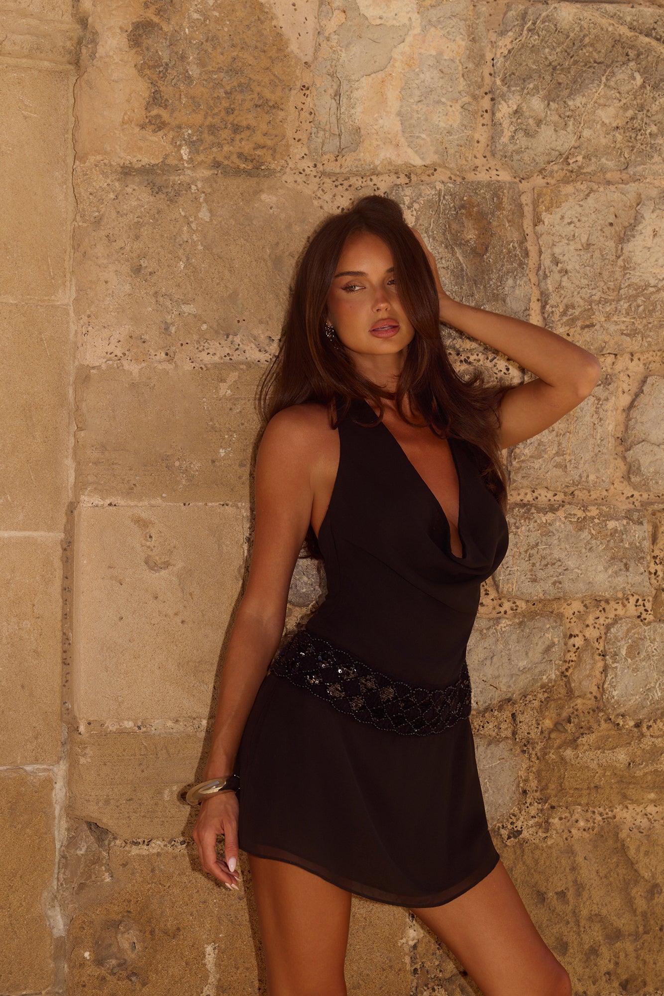 Shimmer Into the Night Halter Mini Dress Black