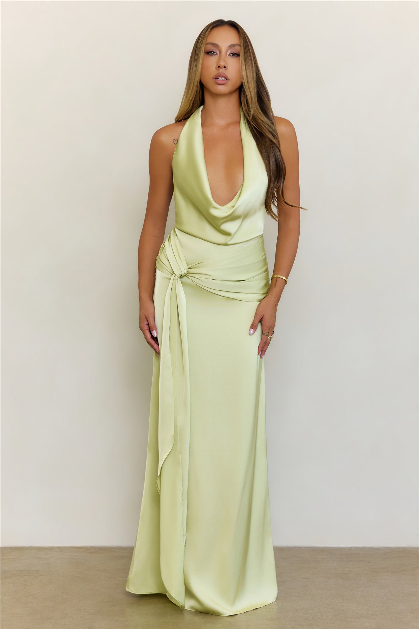 In Elegance Satin Halter Maxi Dress Lime