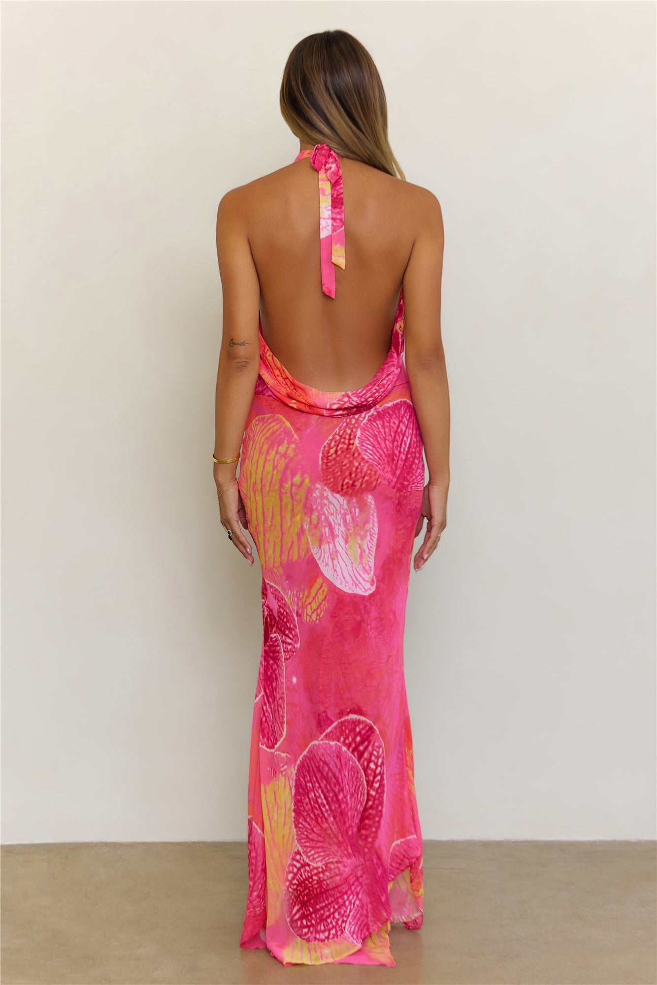 Island Dreamer Floral Cowl Halter Maxi Dress Pink