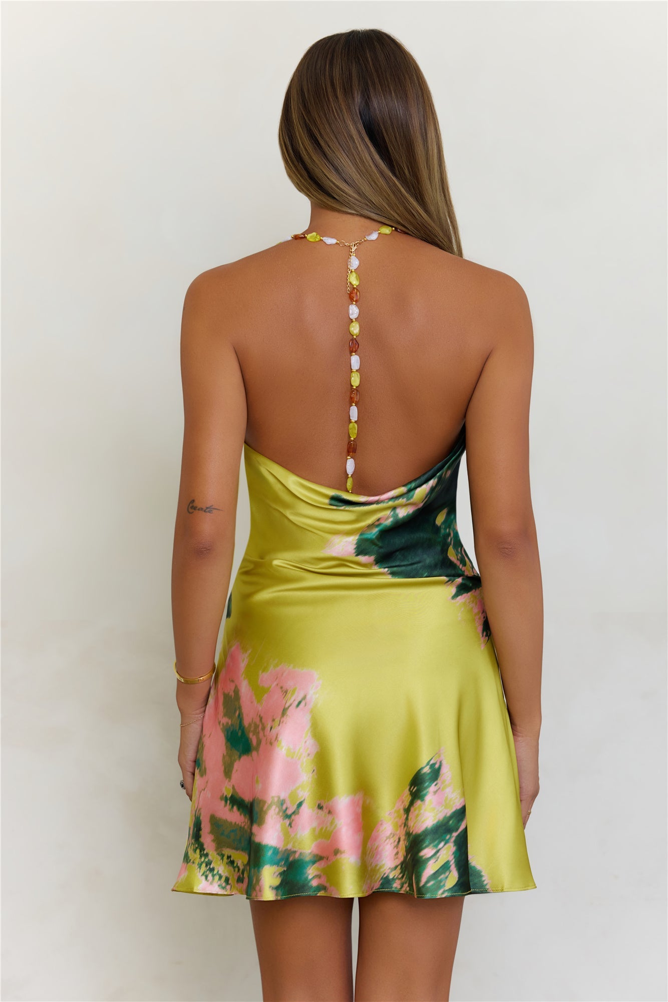 Island Glow Beaded Halter Satin Mini Dress Multi