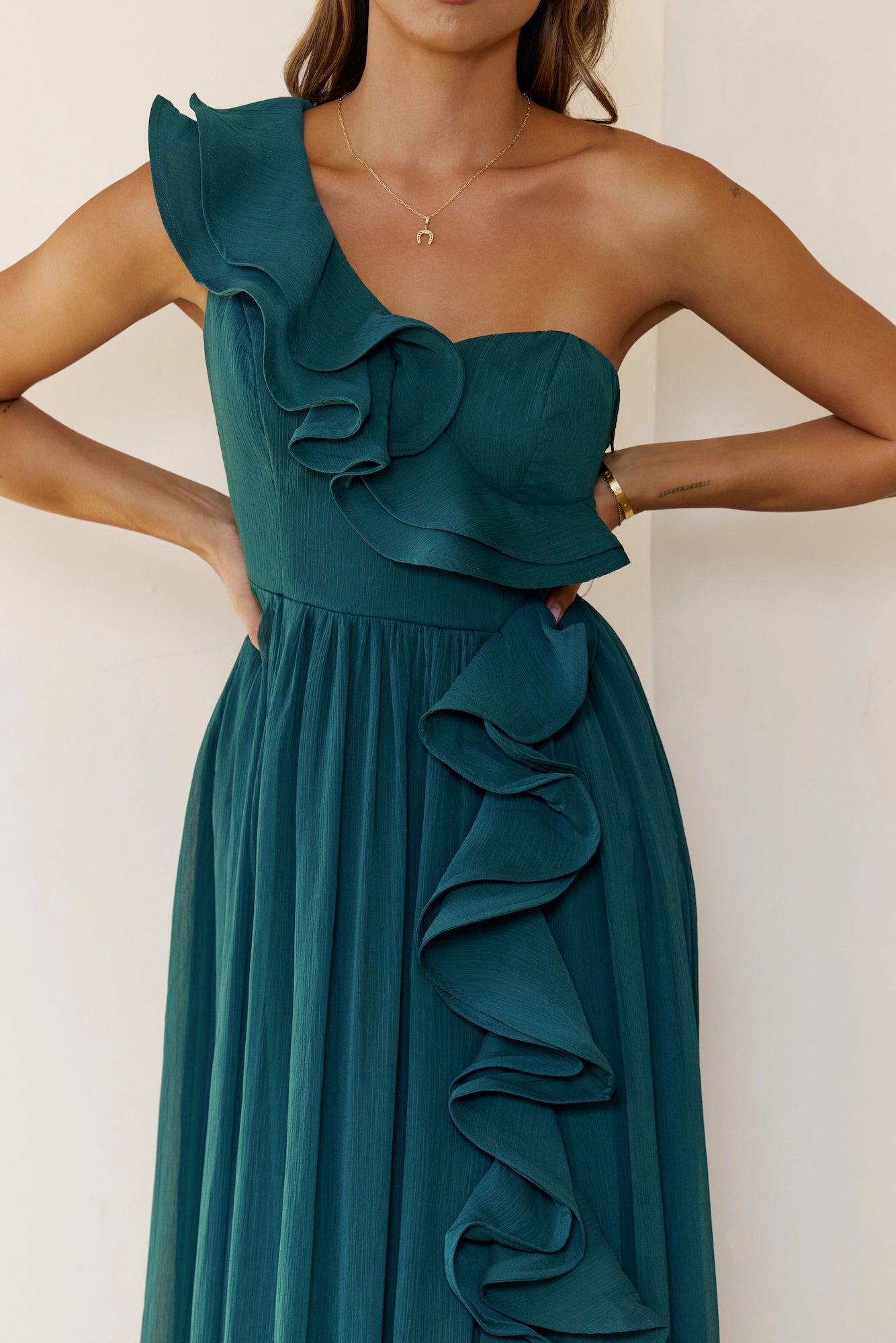 Elegant Frill One Shoulder Maxi Dress Green