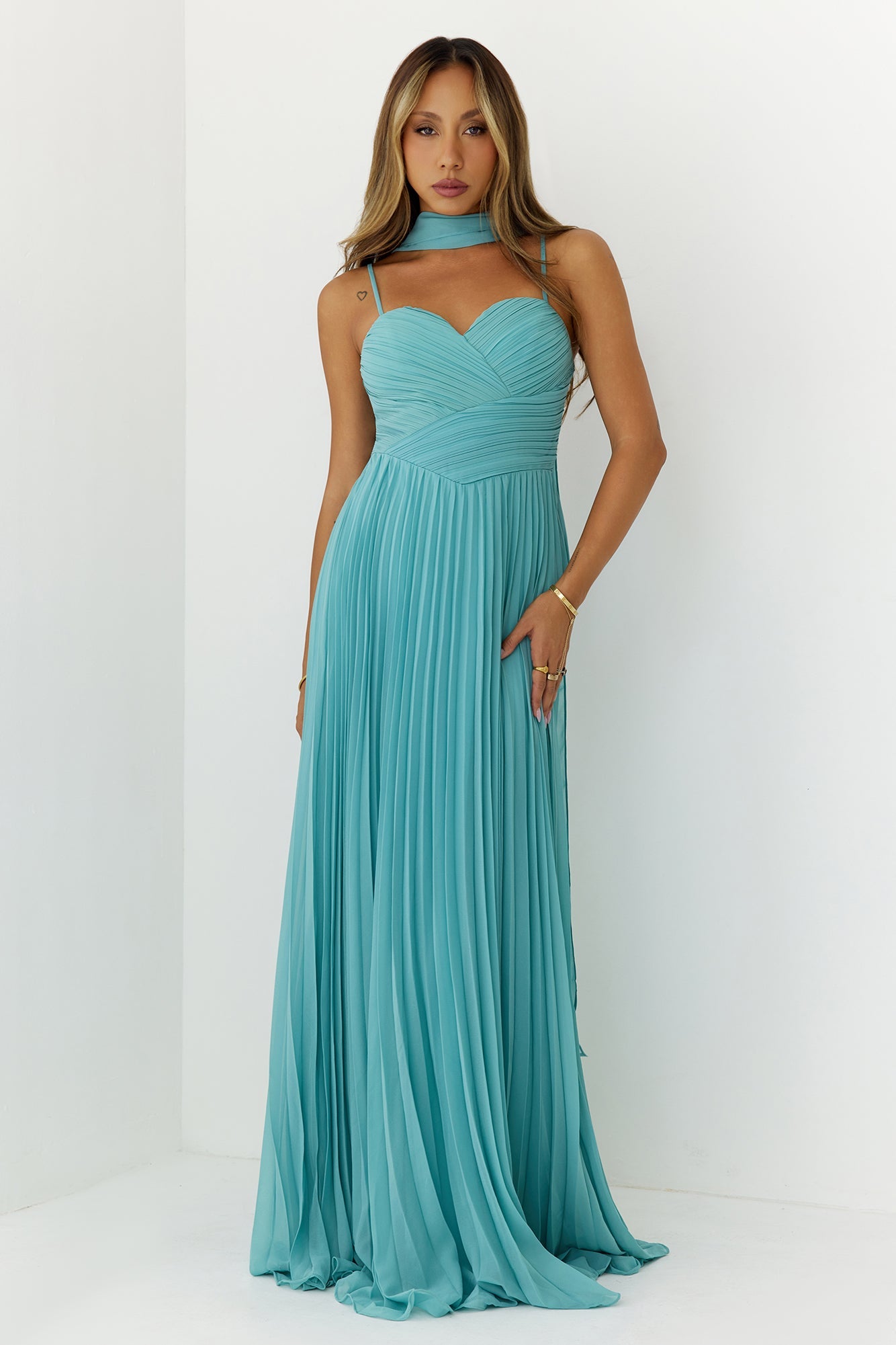 Sweetheart Pleated Scarf Maxi Dress Mint