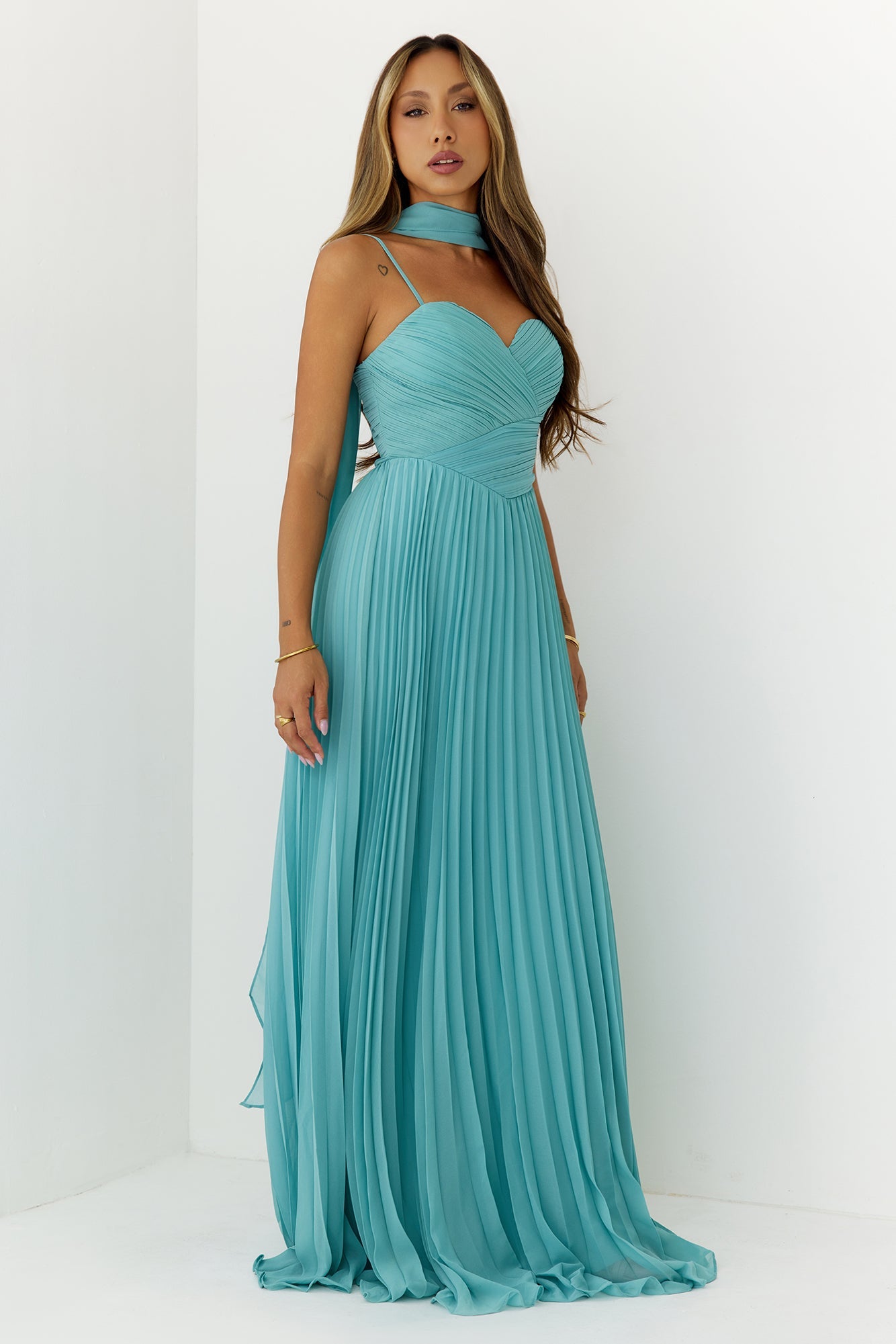 Sweetheart Pleated Scarf Maxi Dress Mint